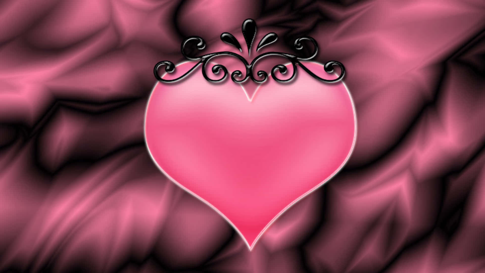 glossy pink heart, black ornate filigree, magenta satin backdrop, Full HD Desktop Wallpaper