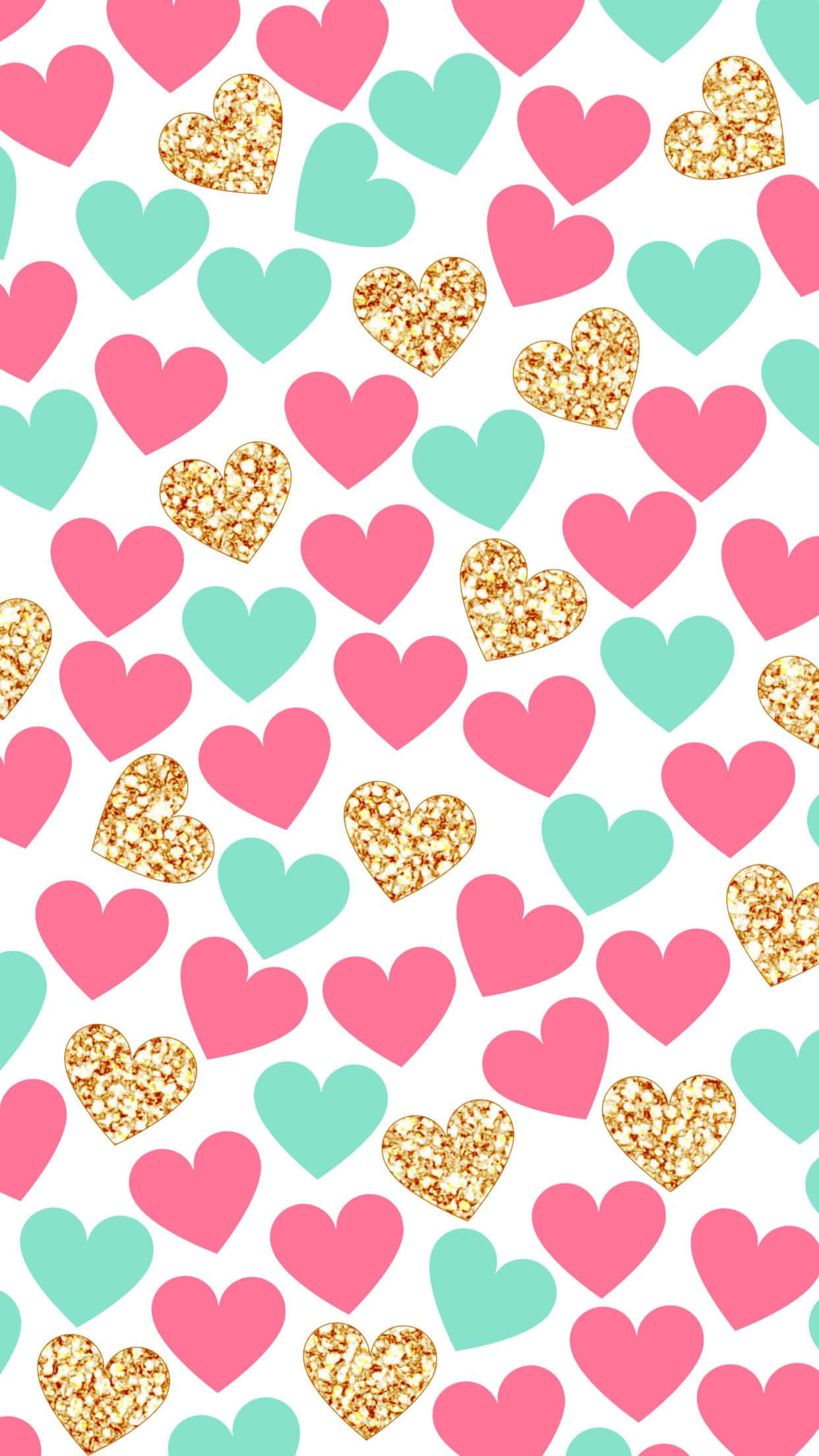 pink heart, gold glitter hearts, mint pink, Full HD Phone Wallpaper
