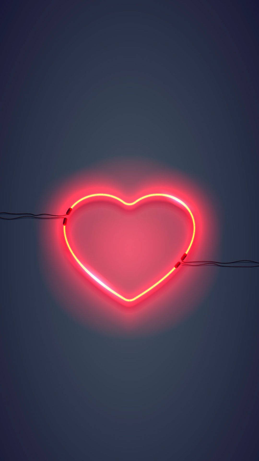 Pink iPhone, Neon Red Heart, Dark Blue Wall, Full HD Phone Wallpaper