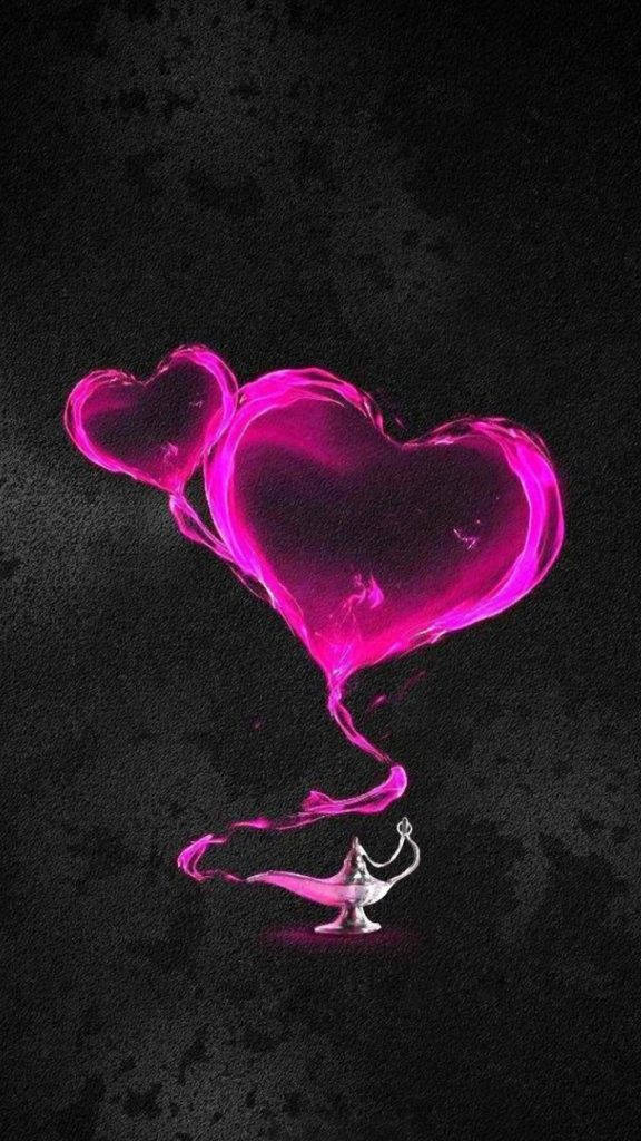 magenta heart-shaped smoke, silver genie lamp, dark textured background, SD Phone Wallpaper