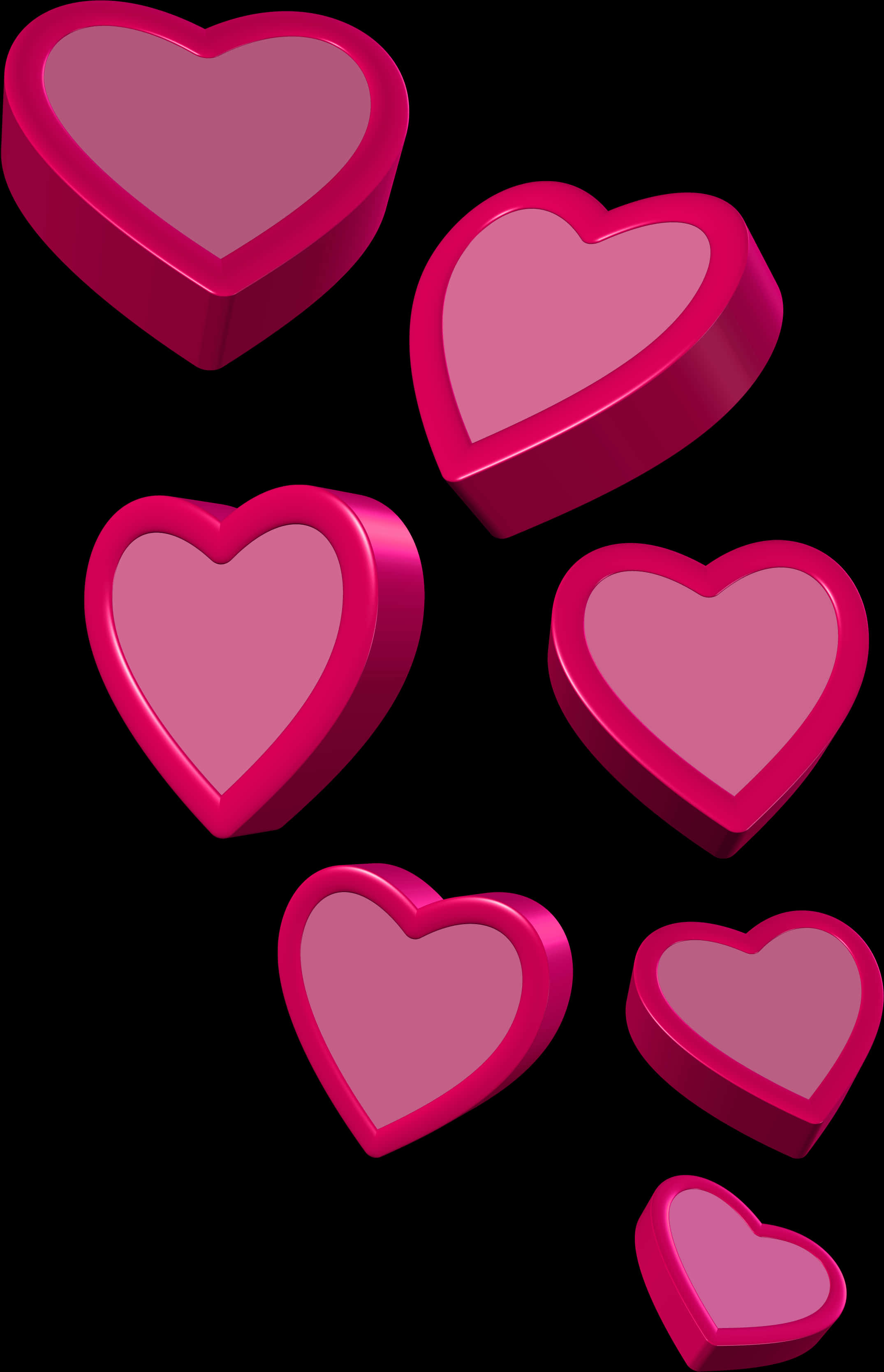 floating pink hearts, shiny pink 3d hearts, stark black background, 2K Phone Wallpaper