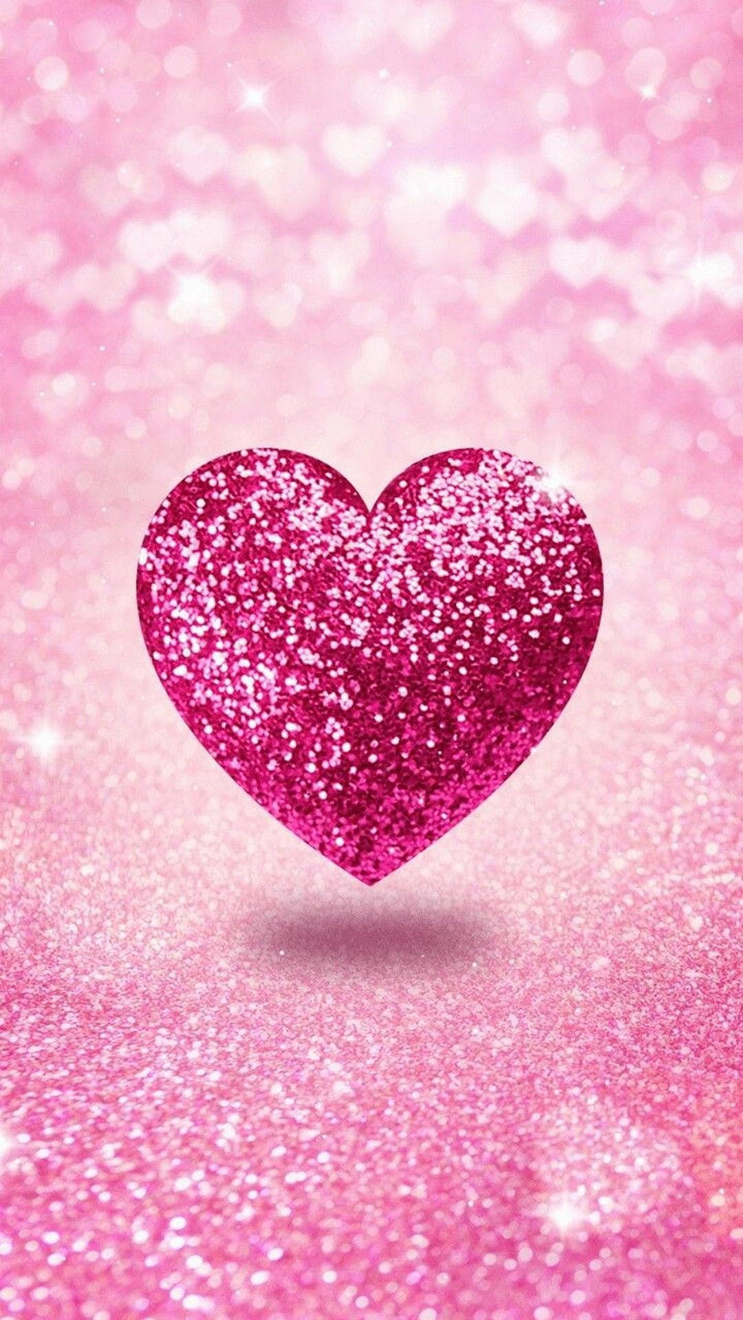 glittery pink heart, soft pink bokeh background, scattered heart shapes, HD Phone Wallpaper