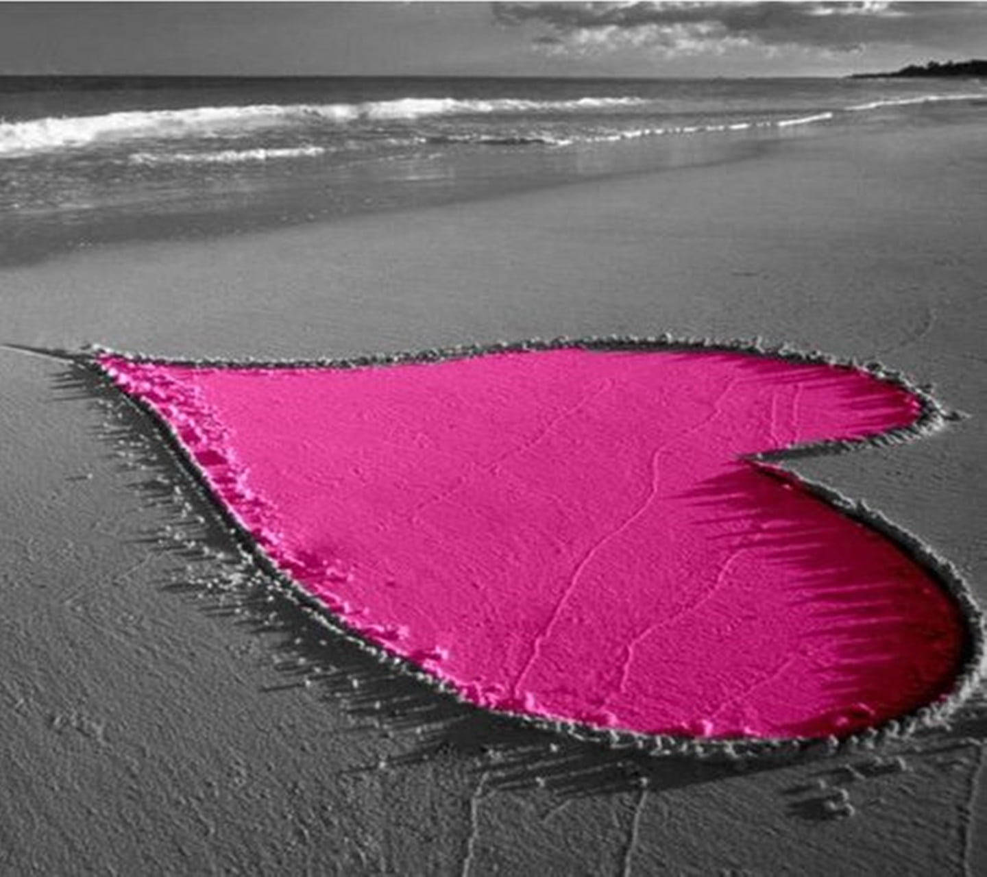 pink heart, beach, wet sand, HD Desktop Wallpaper