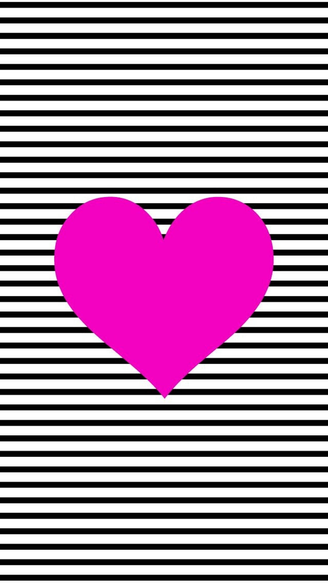 pink heart, black and white striped background, bold pink heart, Full HD Phone Wallpaper