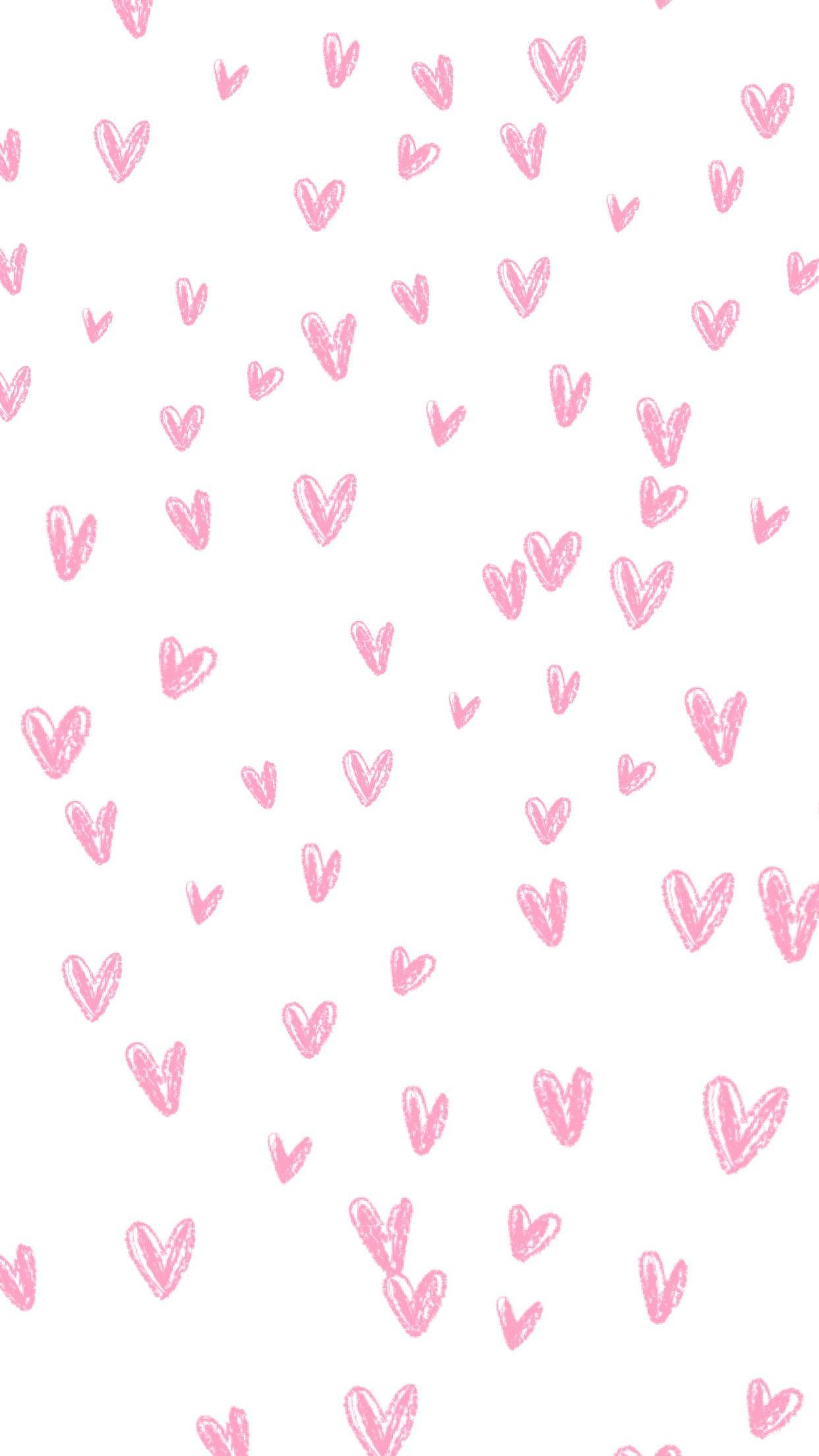 pink hand-drawn hearts, white background, scattered pattern, Full HD Phone Wallpaper