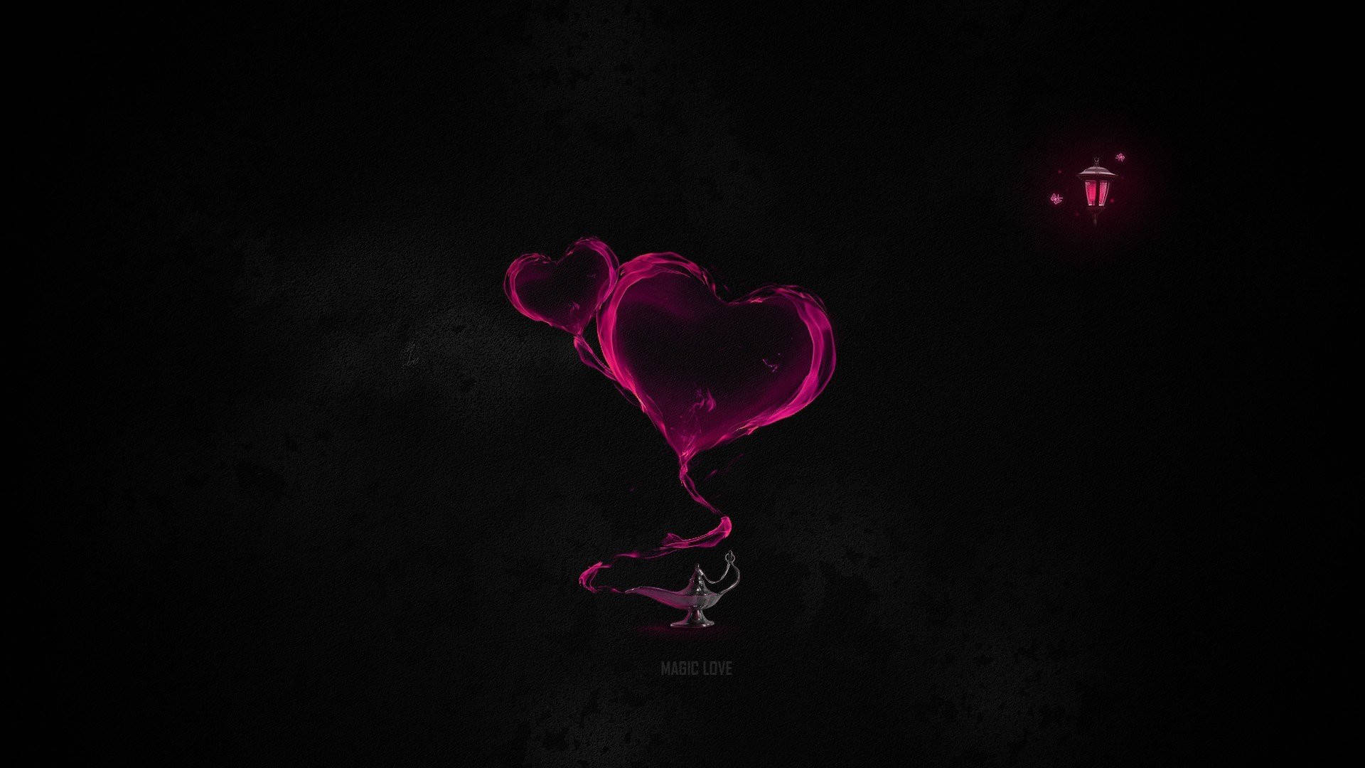 magenta heart-shaped balloons, dark textured background, small lantern, Full HD Desktop Wallpaper