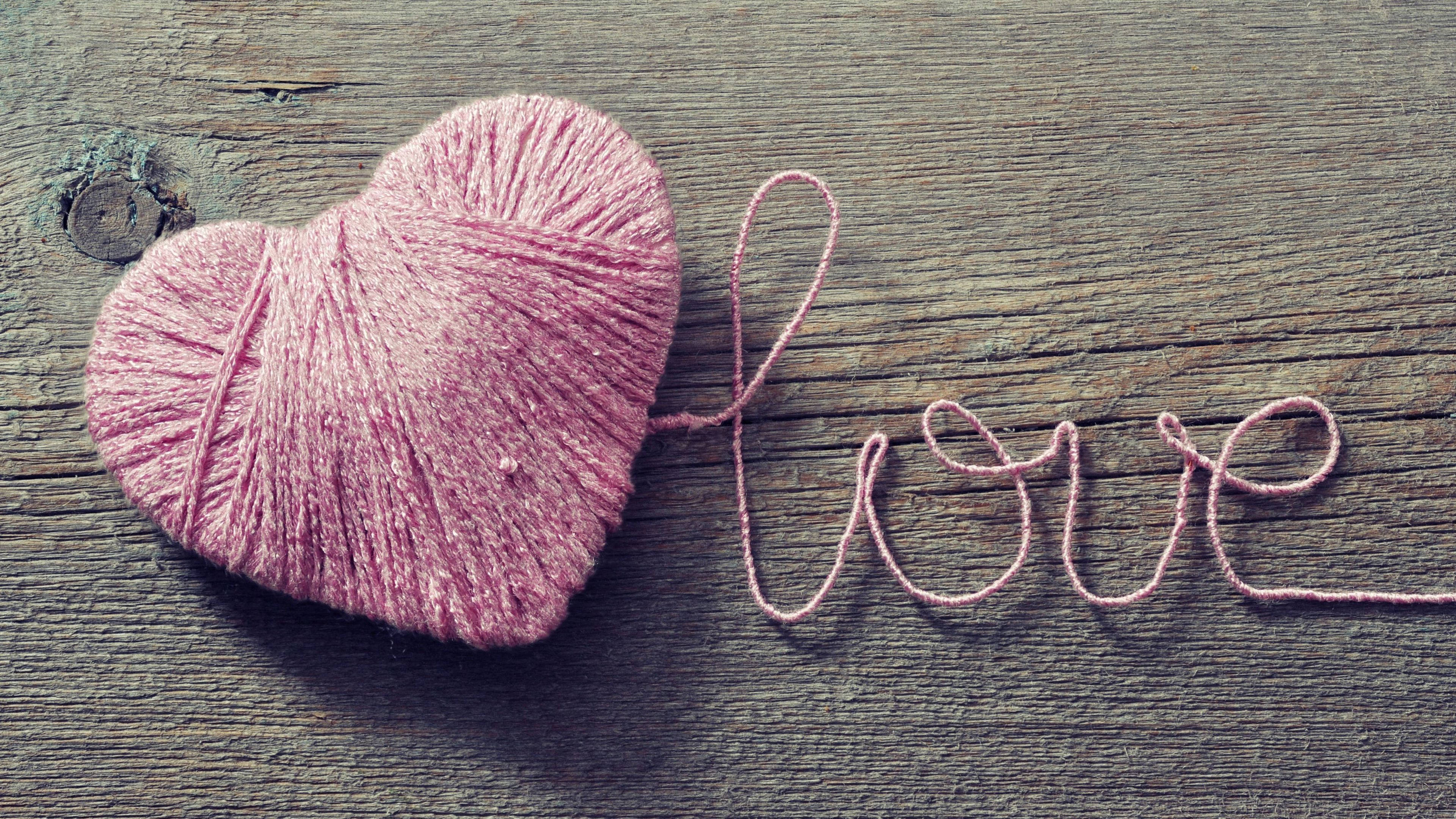 pink yarn heart, word love spelled in yarn, weathered wooden surface, 4K Desktop Wallpaper