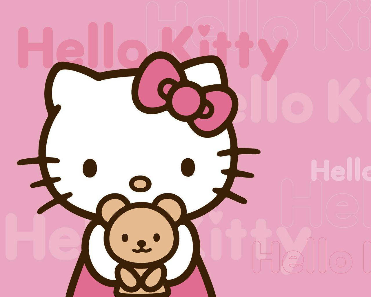 Pink Hello Kitty, teddy bear, pink background, HD Desktop Wallpaper