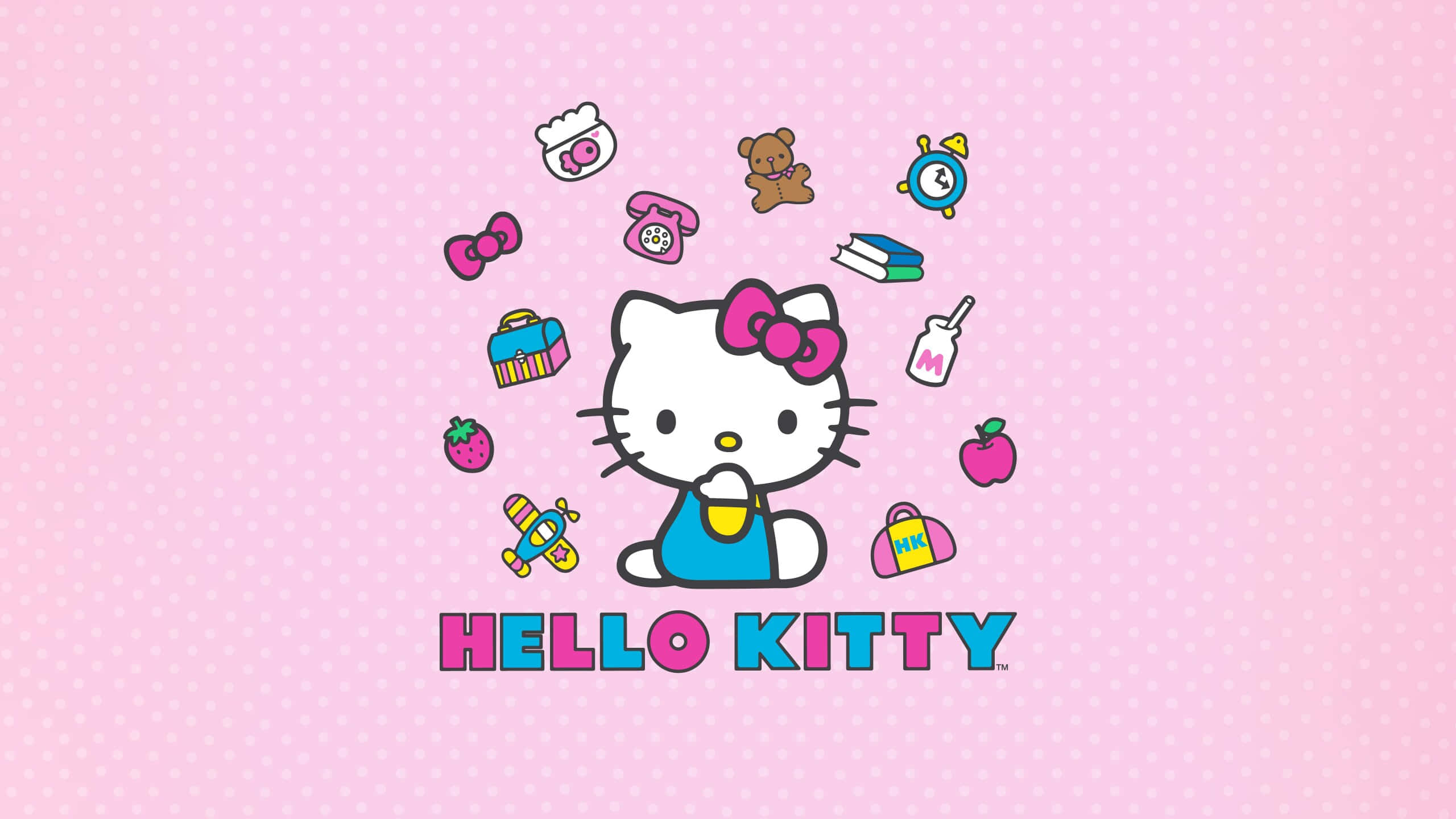 Hello Kitty, pink polka dot background, floating school items, 2K Desktop Wallpaper