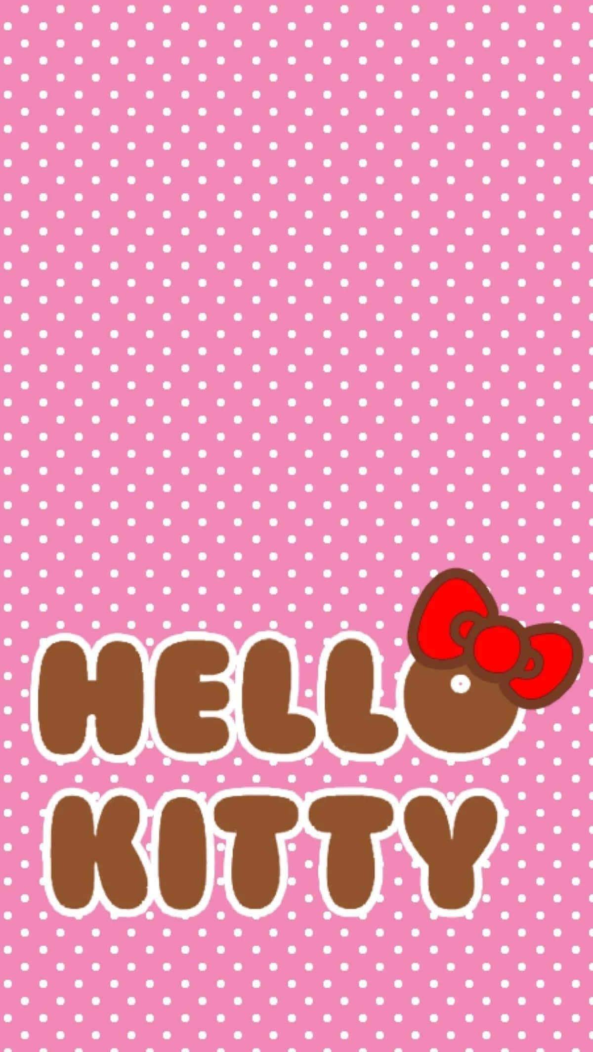 Pink Hello Kitty, white polka dots, bold brown Hello Kitty text, Full HD Phone Wallpaper