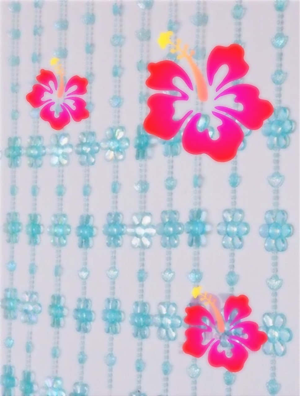tropical hibiscus pattern, vibrant pink hibiscus flowers, shimmering light blue beaded curtains, HD Phone Wallpaper