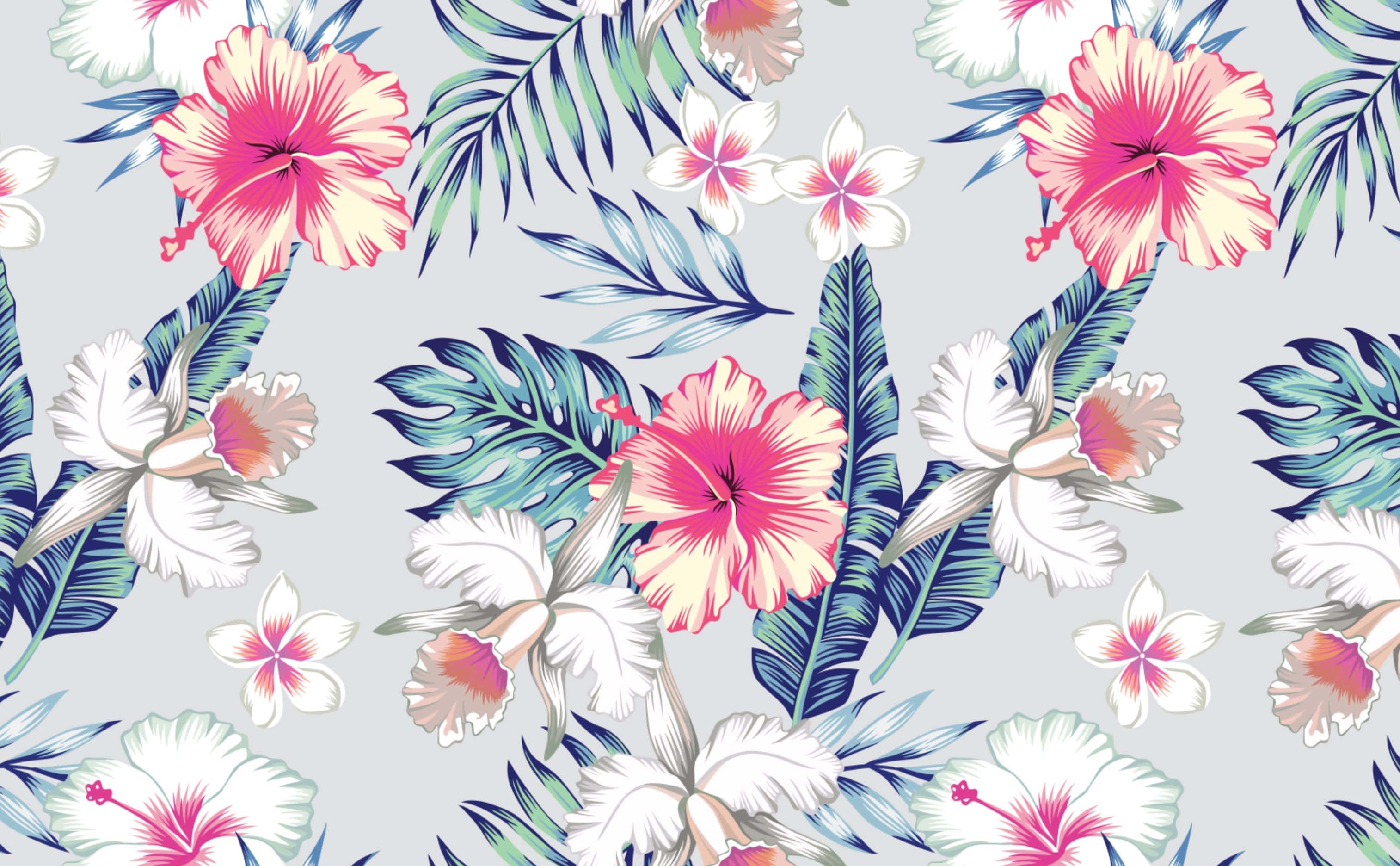 Tropical Hibiscus Floral Pattern, vibrant pink hibiscus, white orchids, 2K Desktop Wallpaper