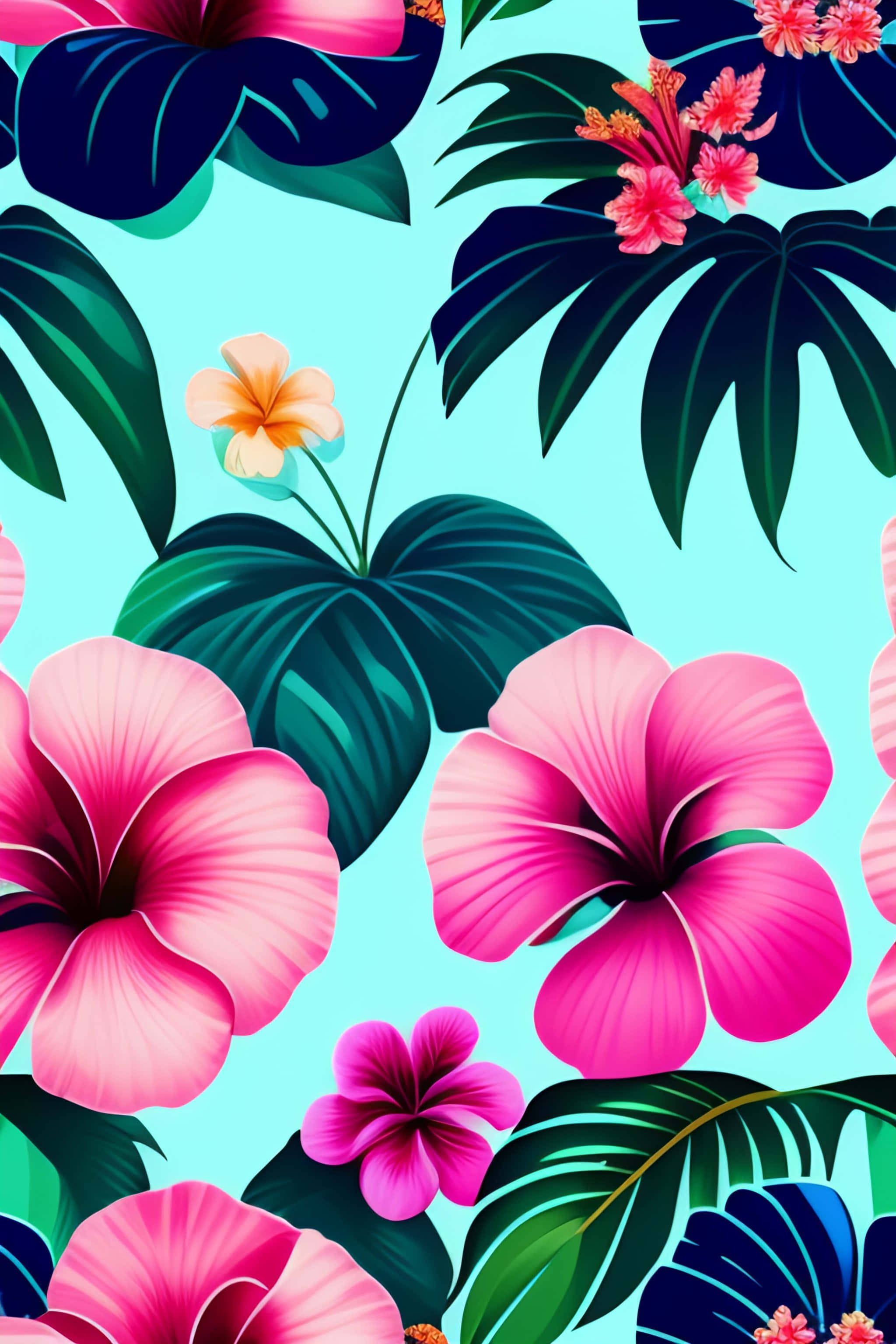 Tropical Hibiscus Pattern, pink hibiscus, plumeria flowers, 2K Phone Wallpaper