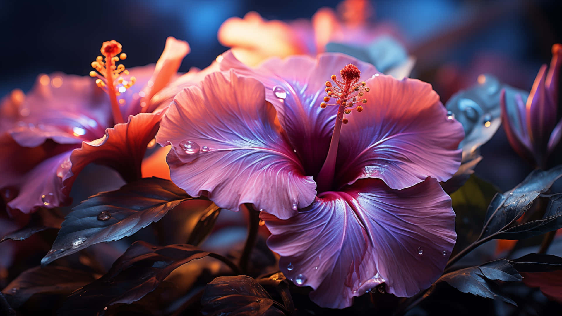 pink hibiscus flower, dew drops, warm light, Full HD Desktop Wallpaper