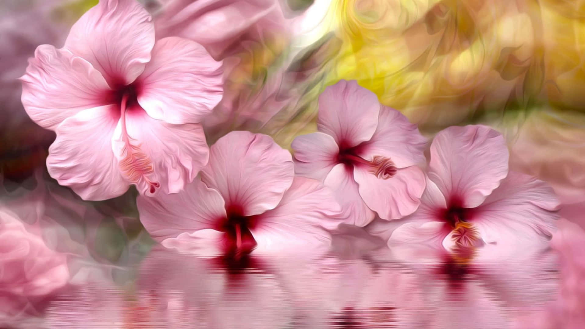 Pink Hibiscus Flowers, deep red centers, soft yellow and pink abstract background, Full HD Desktop Wallpaper