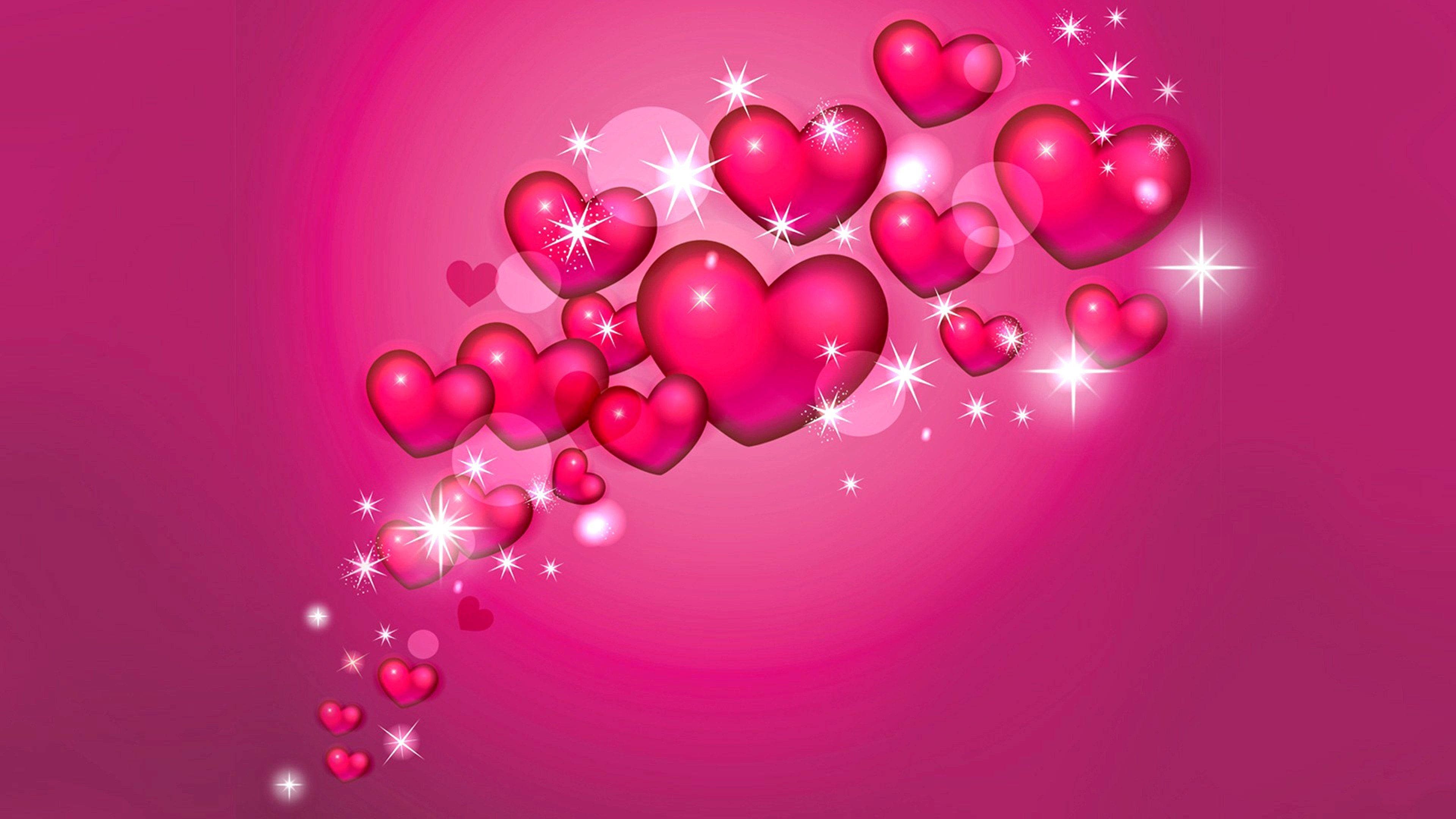 Pink iPhone Xr, glowing pink hearts, sparkling stars, 4K Desktop Wallpaper