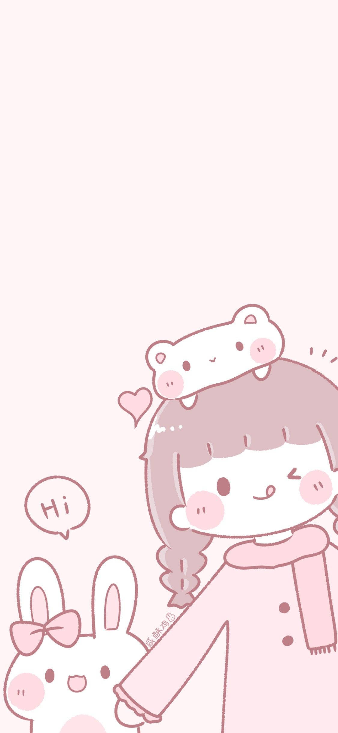 Pink Kawaii Girl, bunnies, bear, Full HD Phone Wallpaper