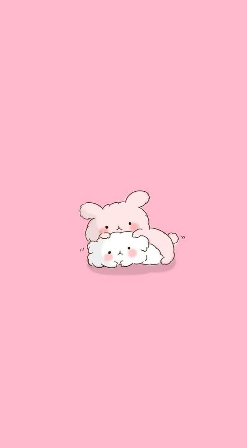 Pink Kawaii Bunny And Cat, bunnies, rosy cheeks, HD Phone Wallpaper