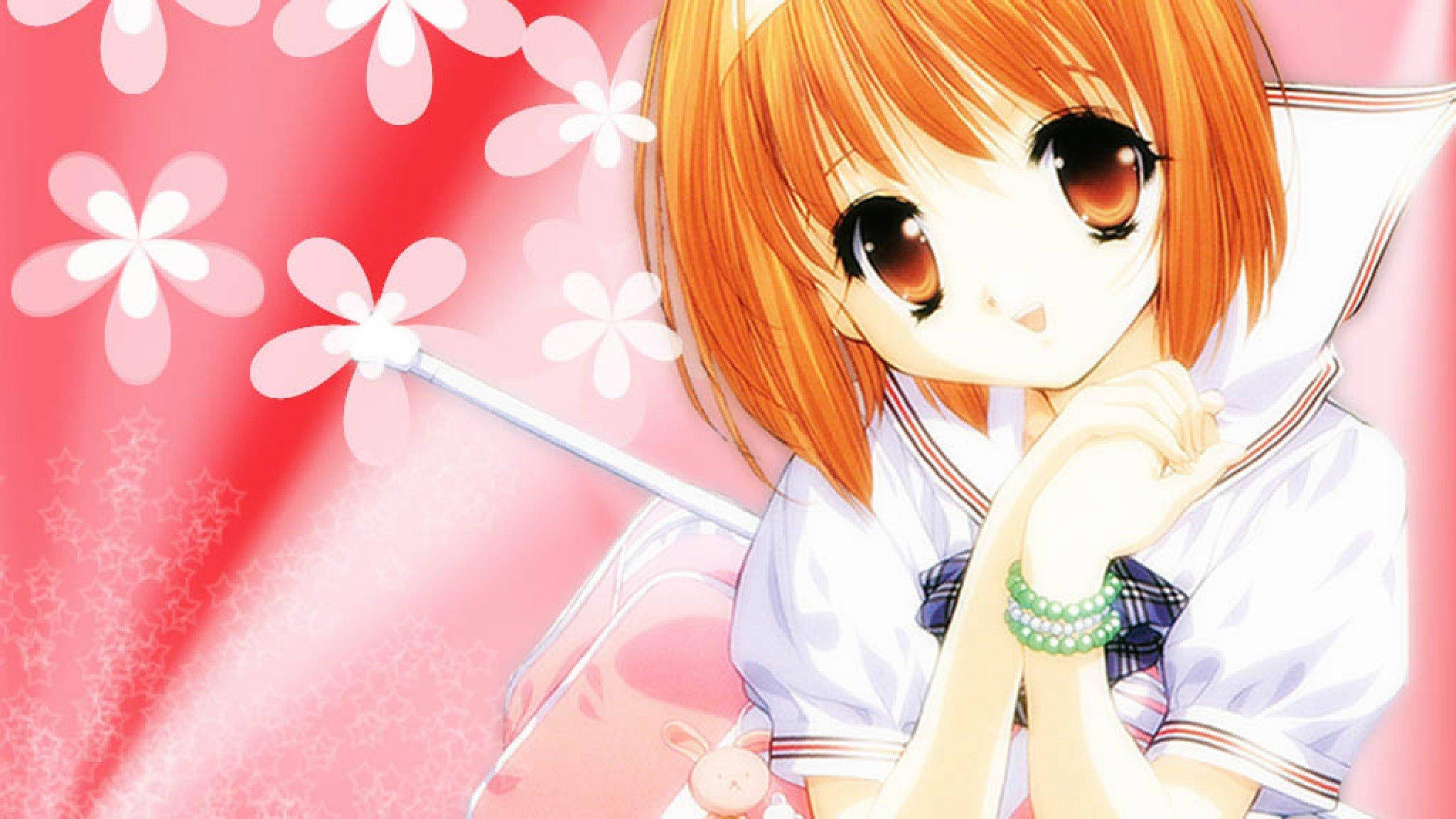 kawaii anime schoolgirl, orange hair, brown eyes, 2K Desktop Wallpaper