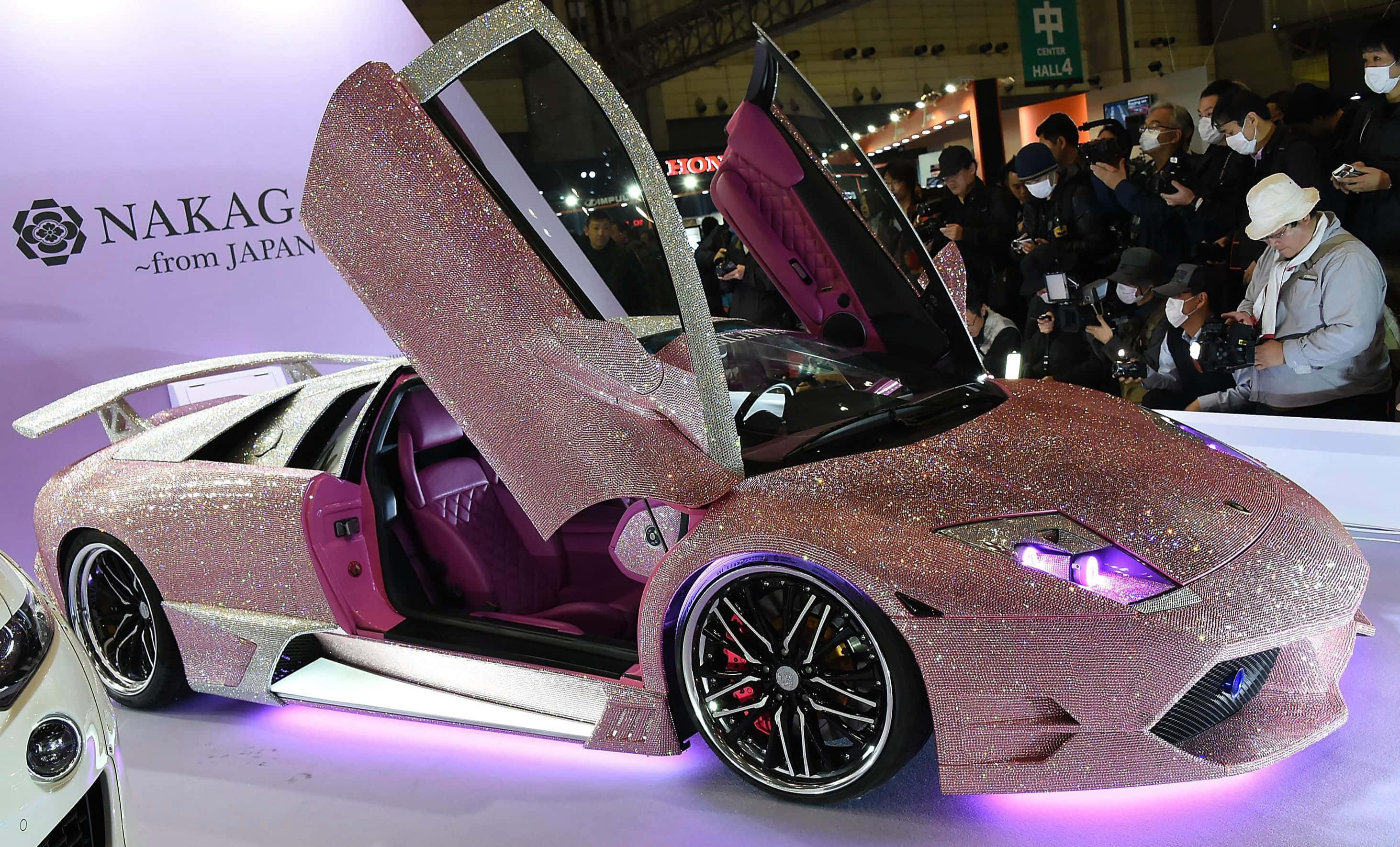 Pink Lamborghini, open doors, purple interior, 2K Desktop Wallpaper