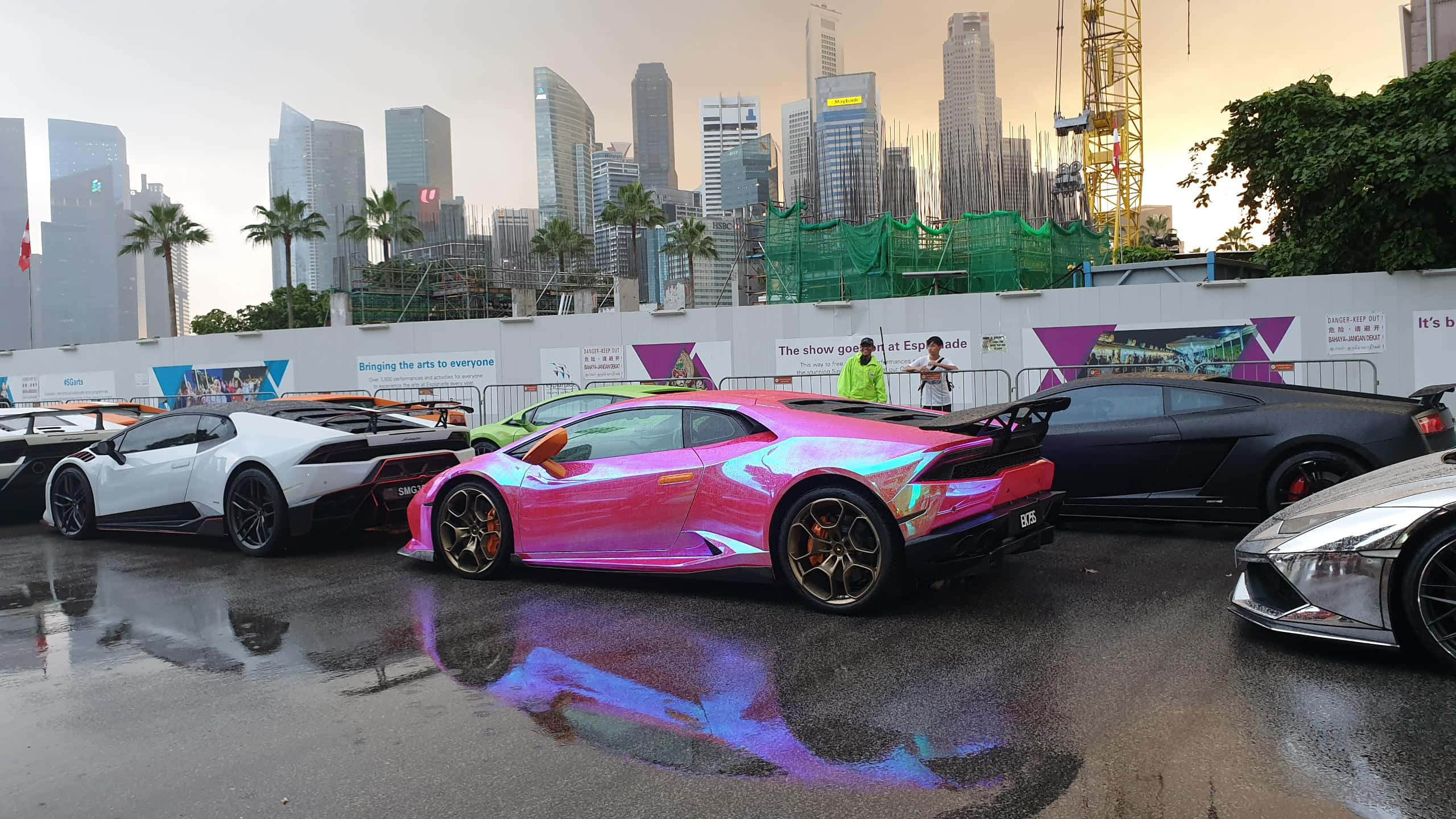 Pink Lamborghini, iridescent, wet pavement, 2K Desktop Wallpaper