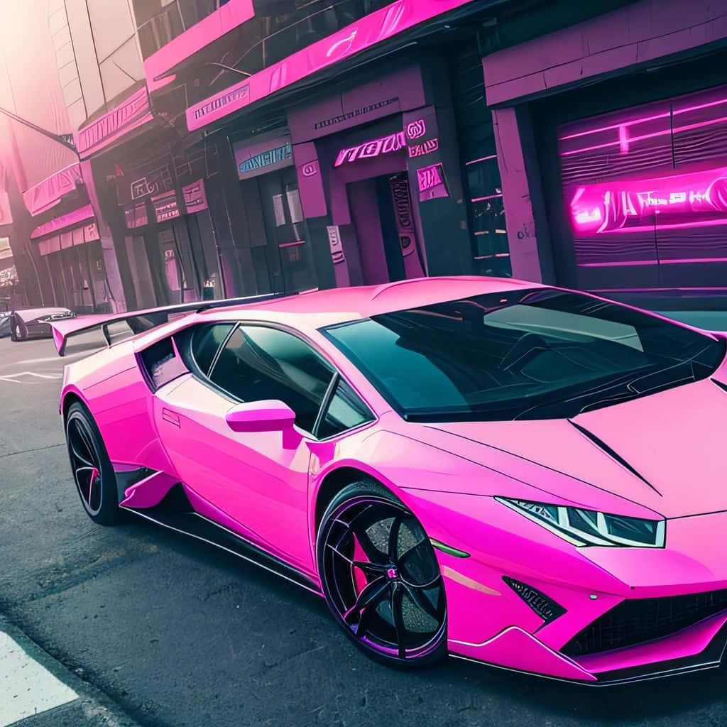 Pink Lamborghini, glossy pink, neon-lit urban street, SD Desktop Wallpaper