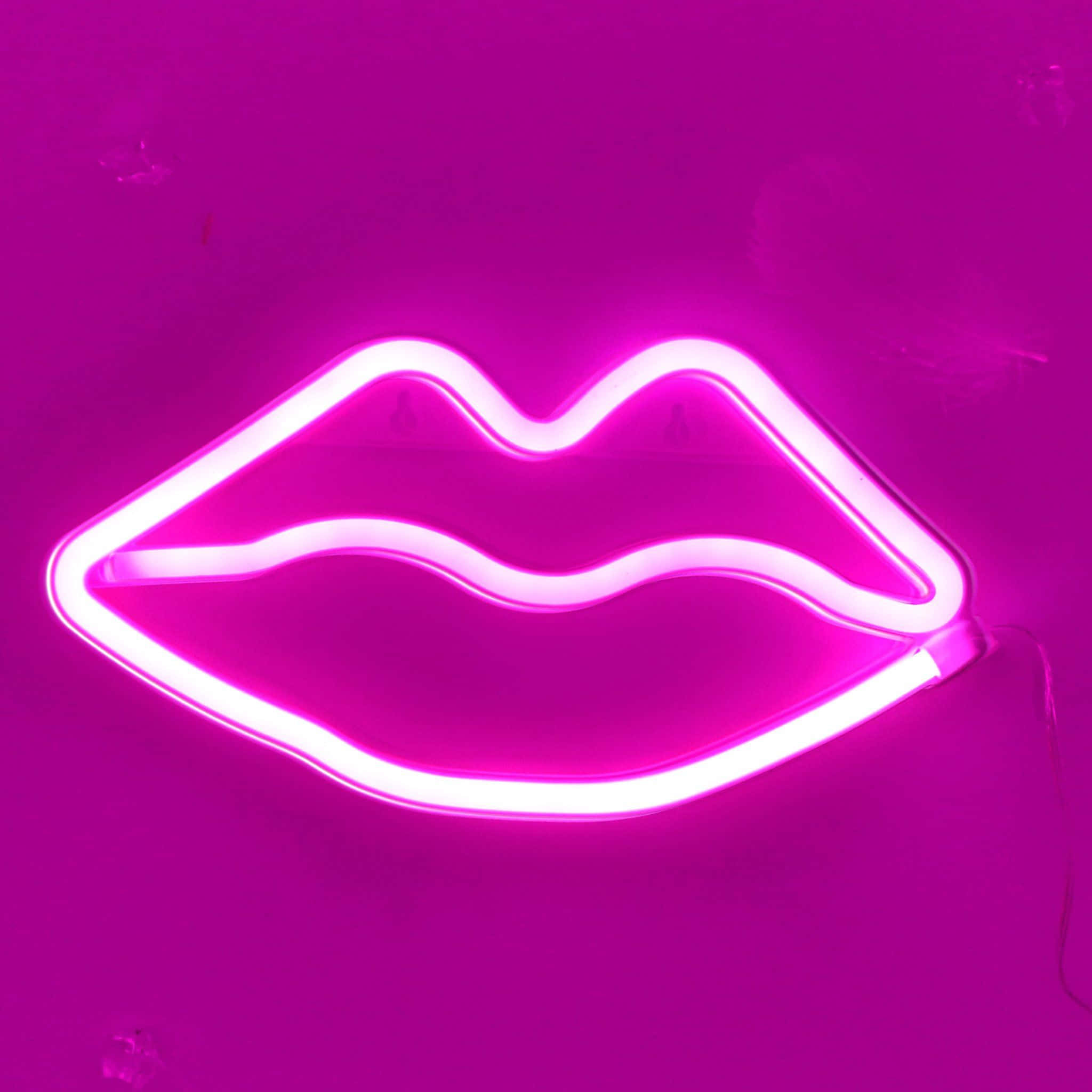pink neon sign, lips, magenta wall, Full HD Desktop Wallpaper