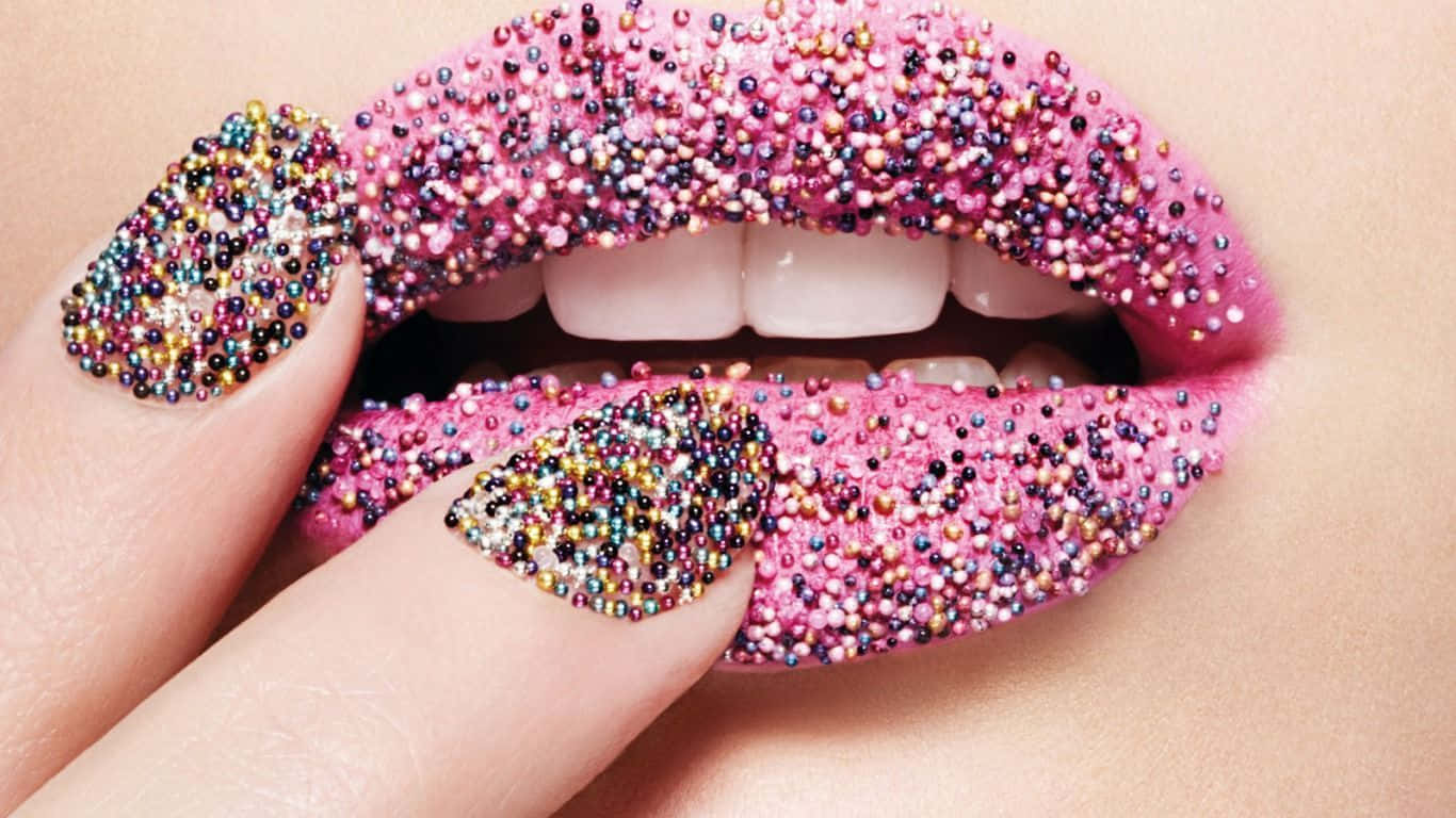Pink Lips, sparkling pink sprinkles, colorful nail art, HD Desktop Wallpaper