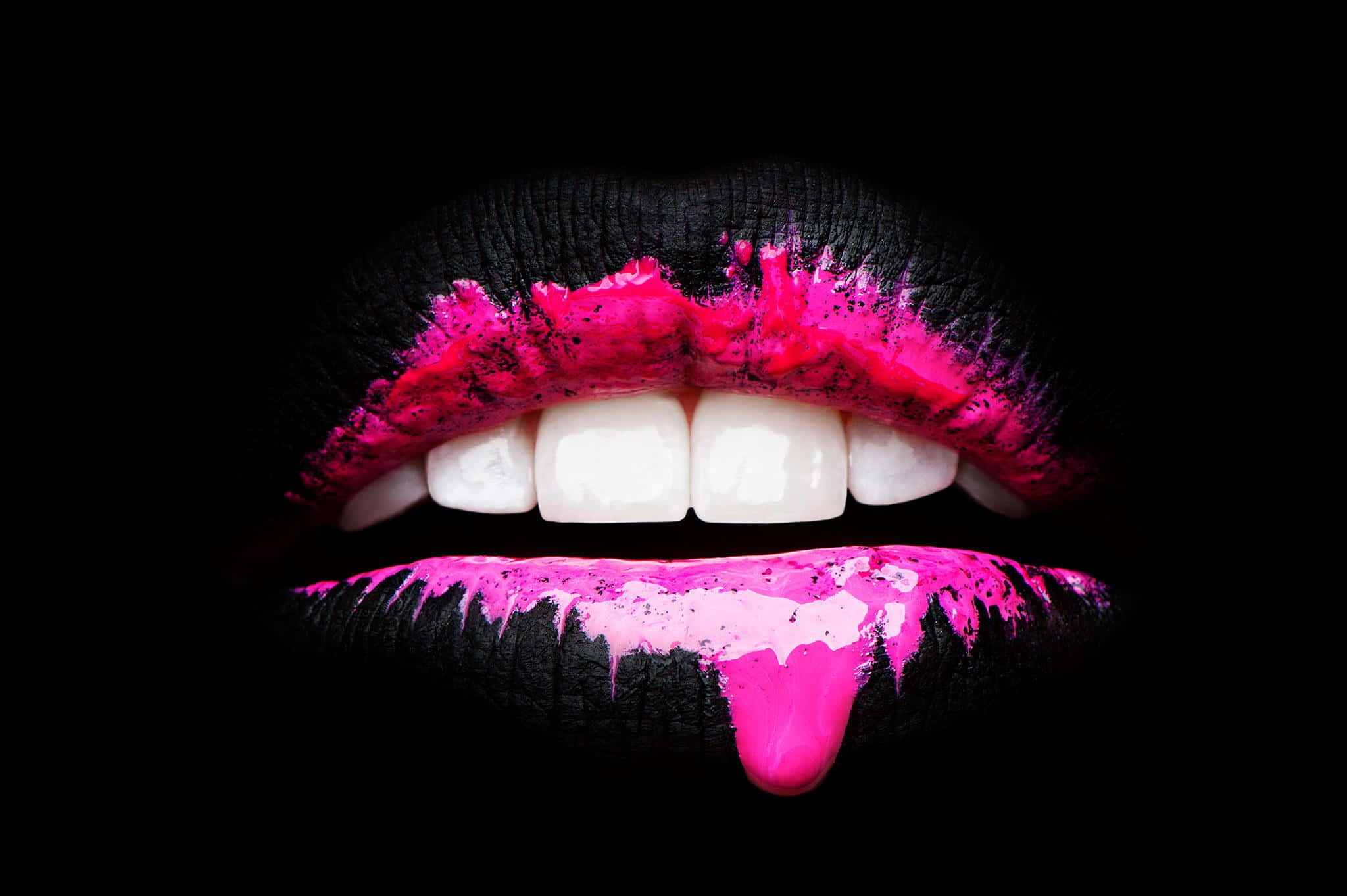 Pink Lips, vibrant pink, stark black background, Full HD Desktop Wallpaper