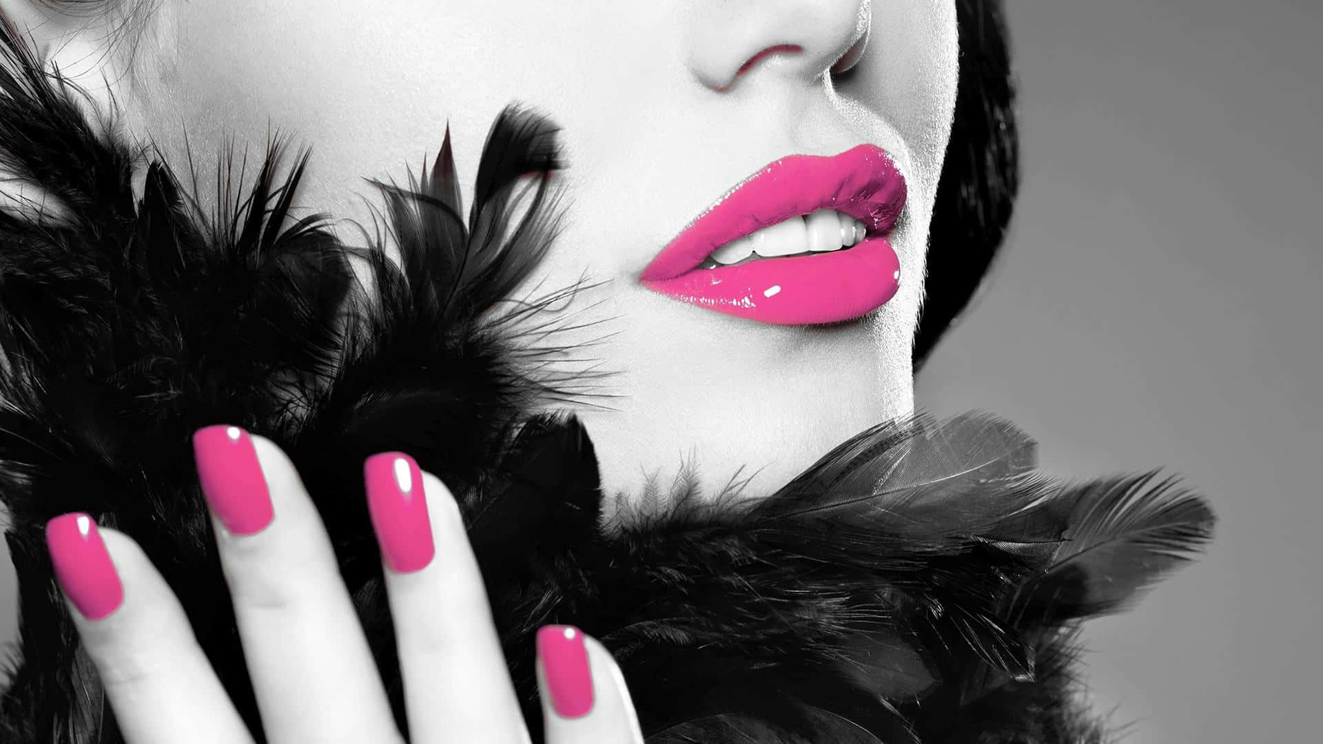 pink lips, bold pink lips, black feathers, Full HD Desktop Wallpaper