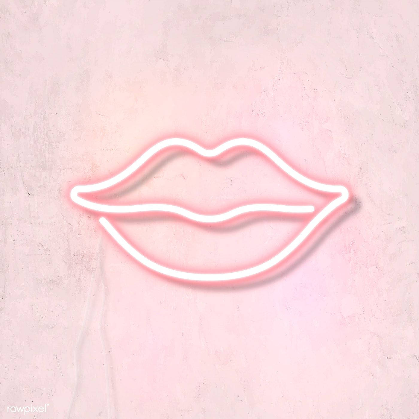 pastel pink lips sign, glowing white neon outline, soft pink glow, HD Desktop Wallpaper