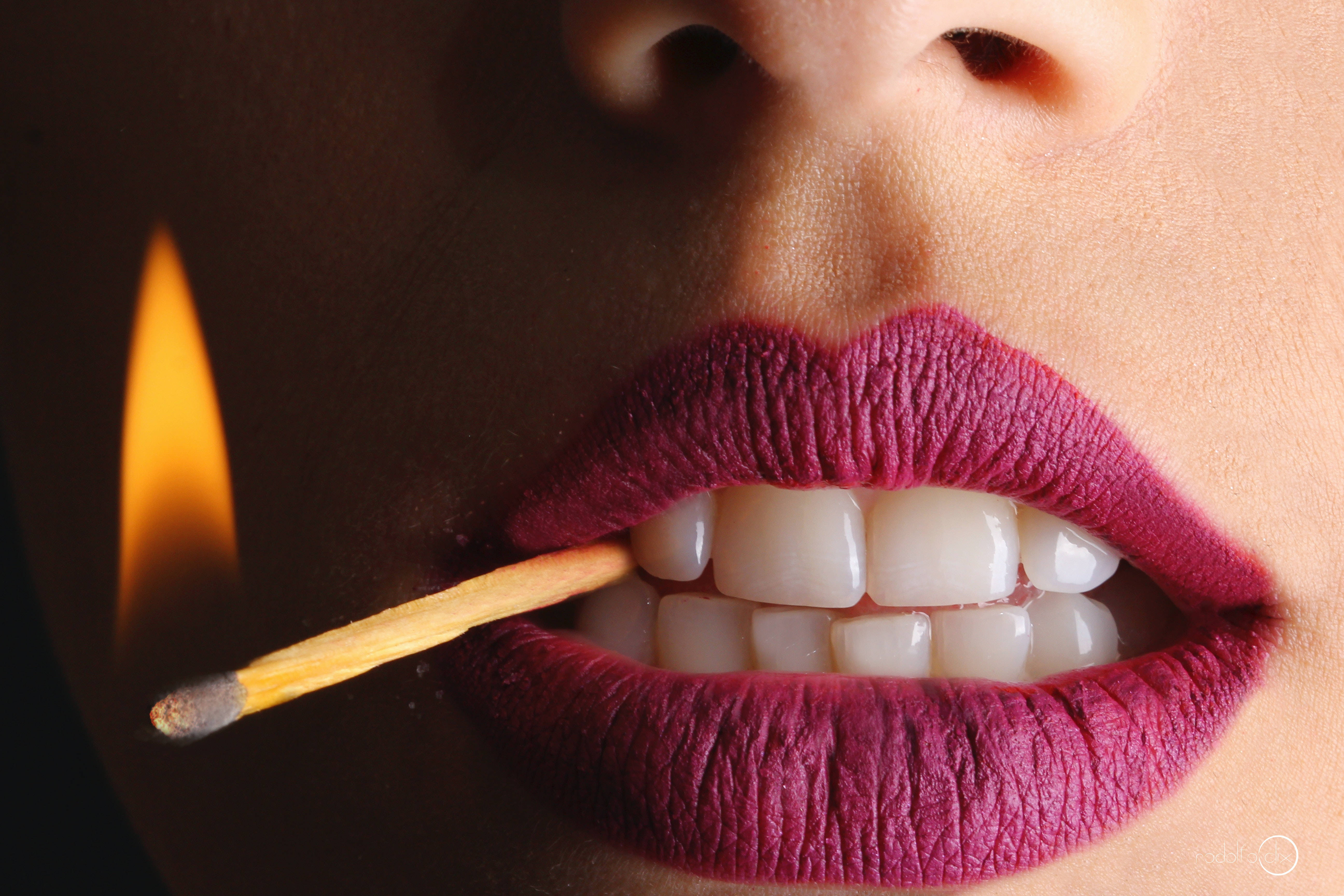 magenta lipstick, lit match, dark background, 5K Desktop Wallpaper