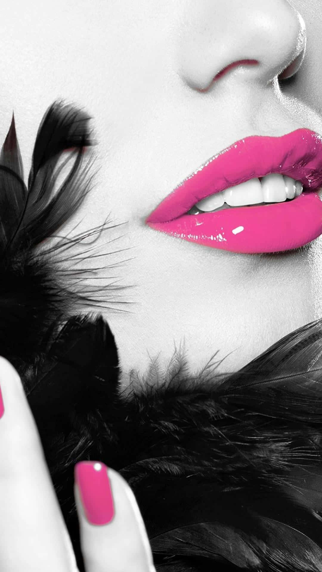 pink lipstick, elegant lips, black-and-white feathered backdrop, Full HD Phone Wallpaper