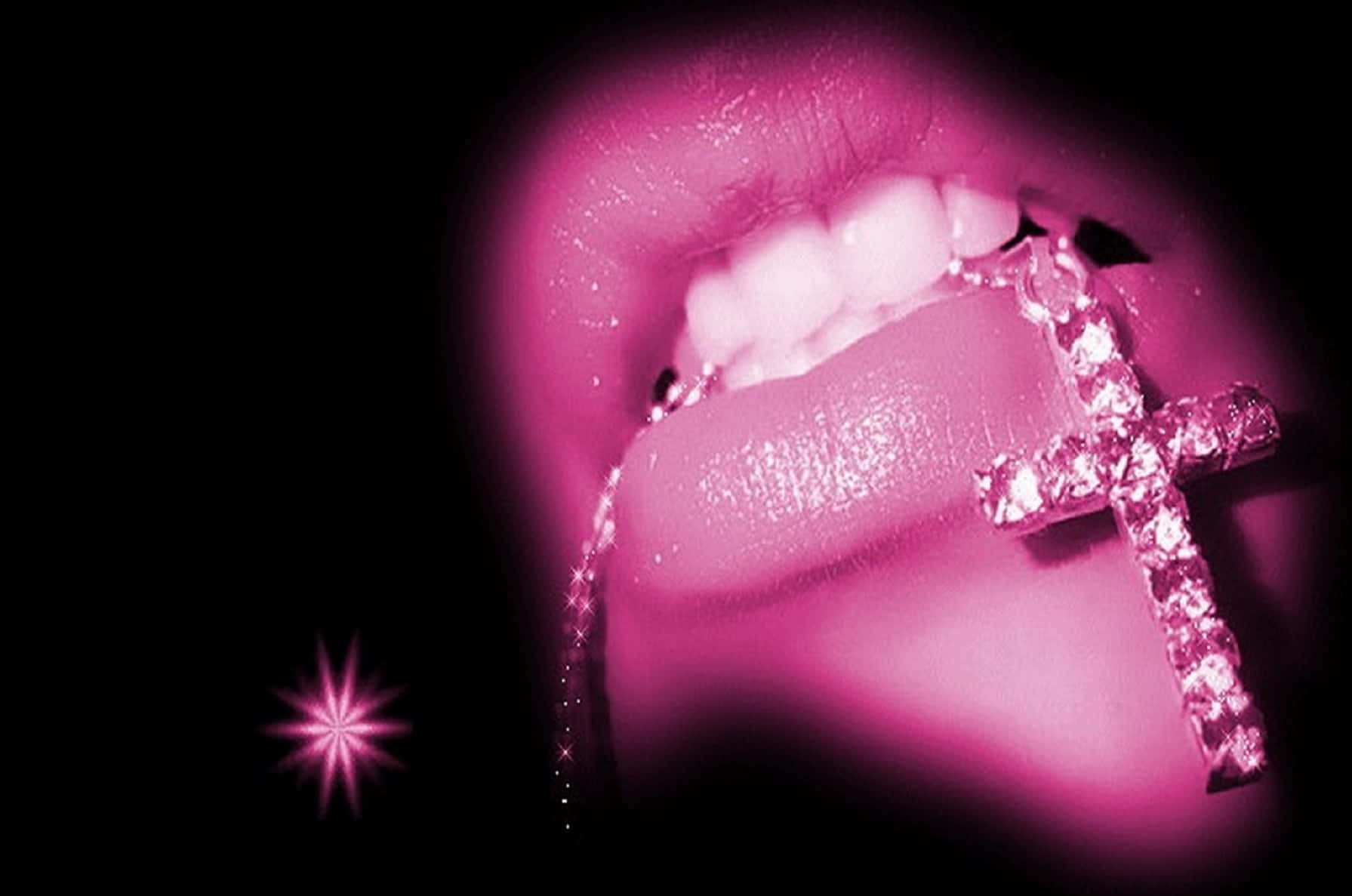 pink lips, glittering pink diamond cross necklace, dark background, HD Desktop Wallpaper