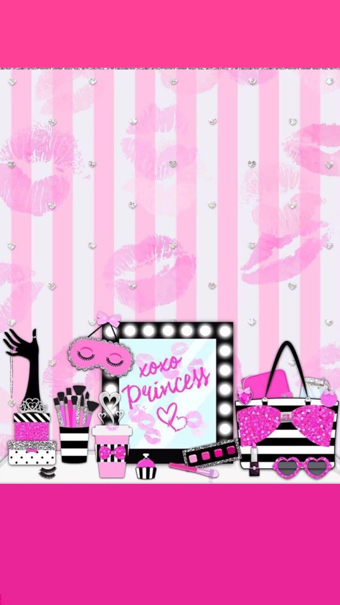 pink lipstick, pink purse, pink and white striped wallpaper, Full HD Phone Wallpaper