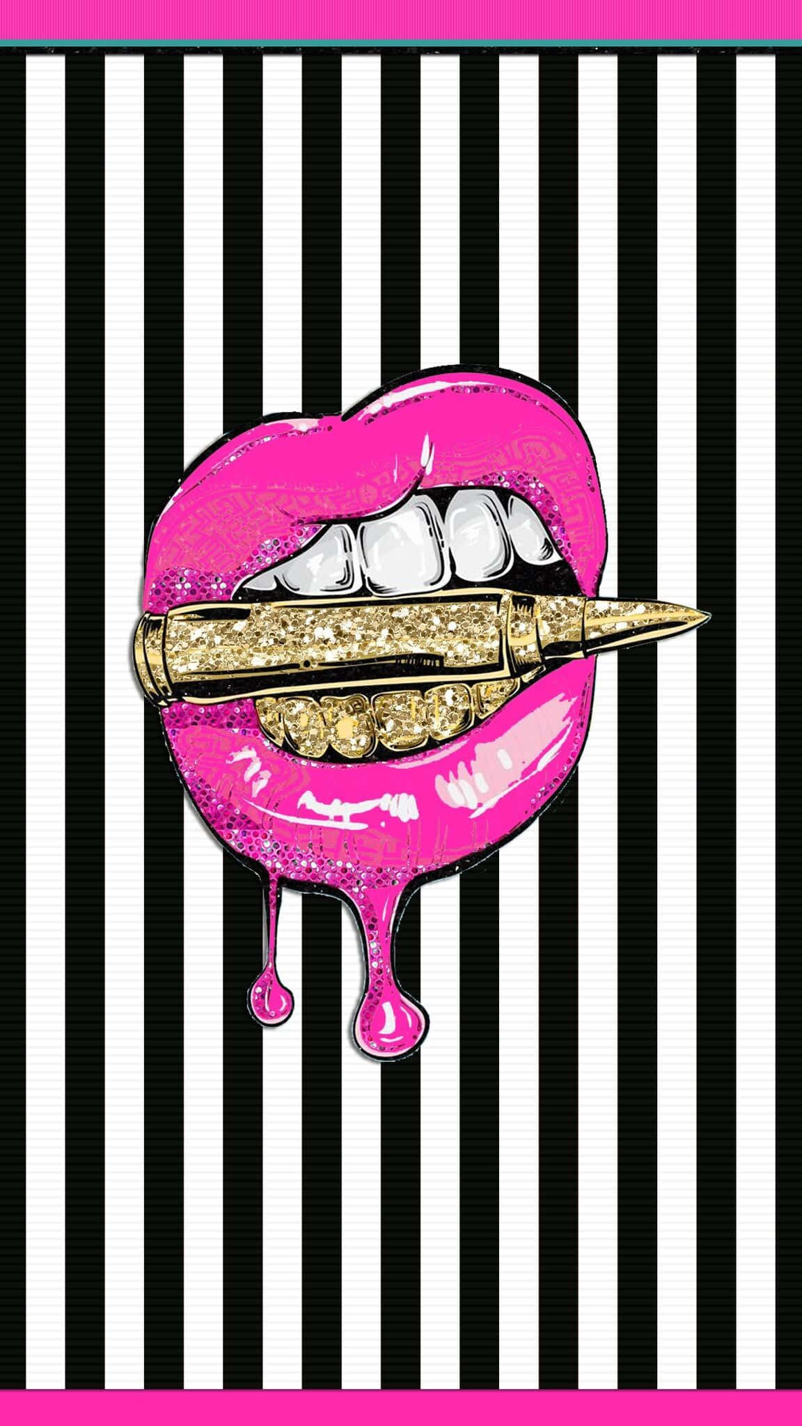 Pink Lips, glittery gold teeth, bullet, Full HD Phone Wallpaper