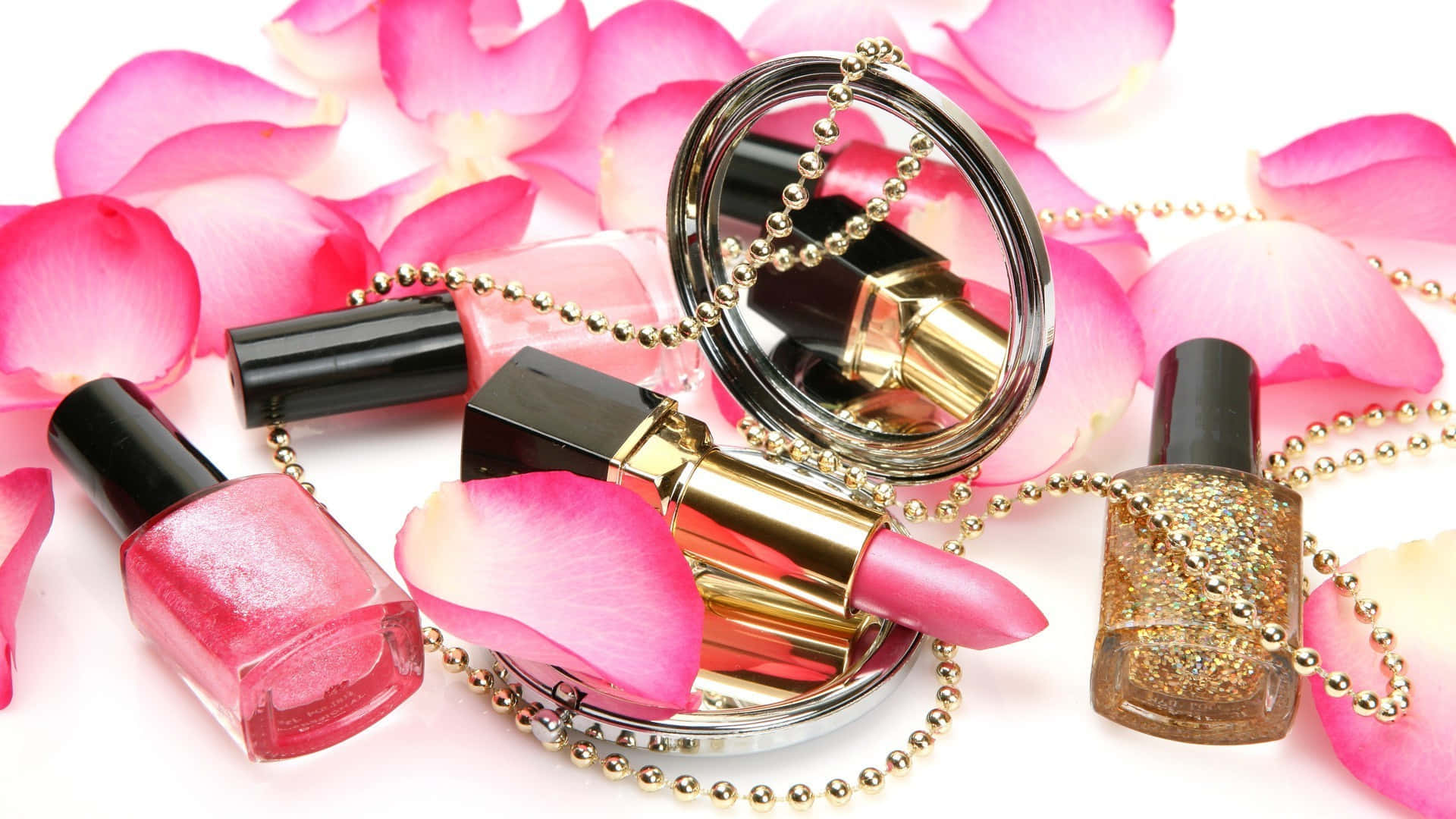 pink rose petals, glossy pink, glittery gold, Full HD Desktop Wallpaper