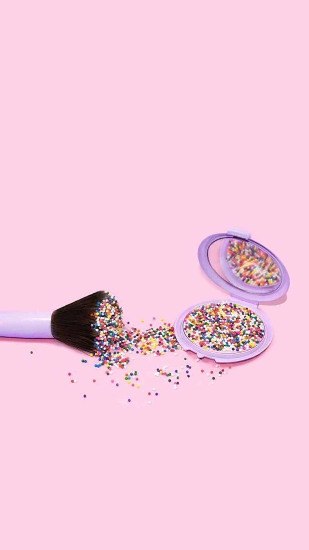 purple makeup brush, colorful sprinkles, soft pink background, Full HD Phone Wallpaper