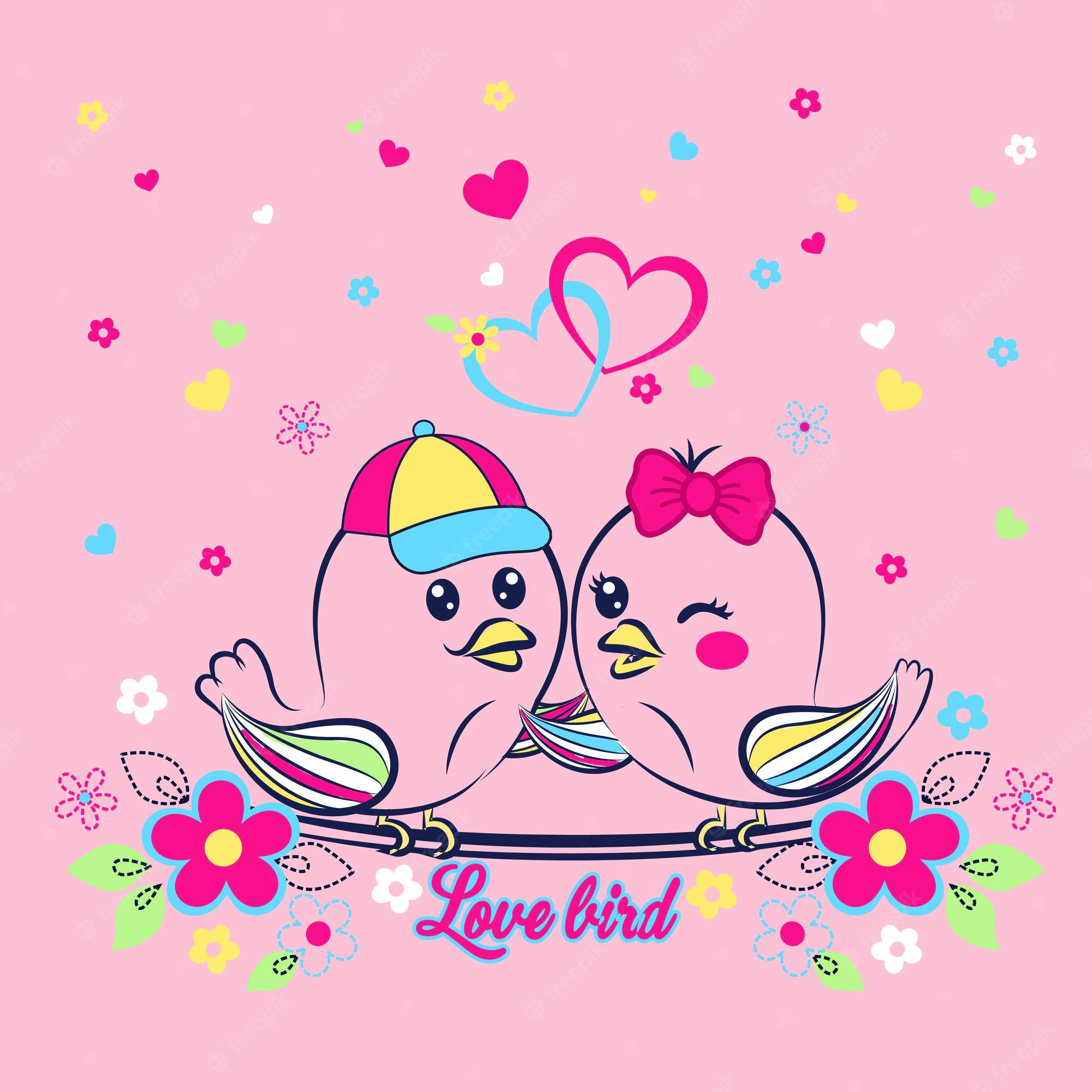Boy And Girl Pink Love Birds, cartoon lovebirds, branch, Full HD Desktop Wallpaper
