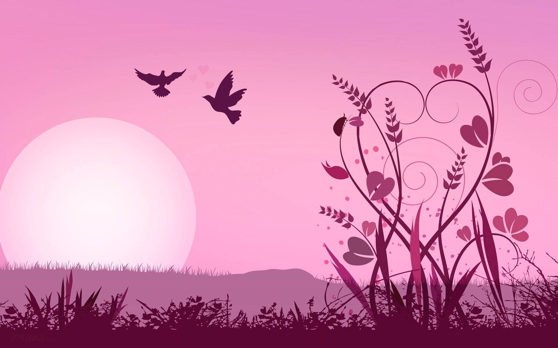 Pink Love Birds, pink sunset, stylized grasses, Full HD Desktop Wallpaper