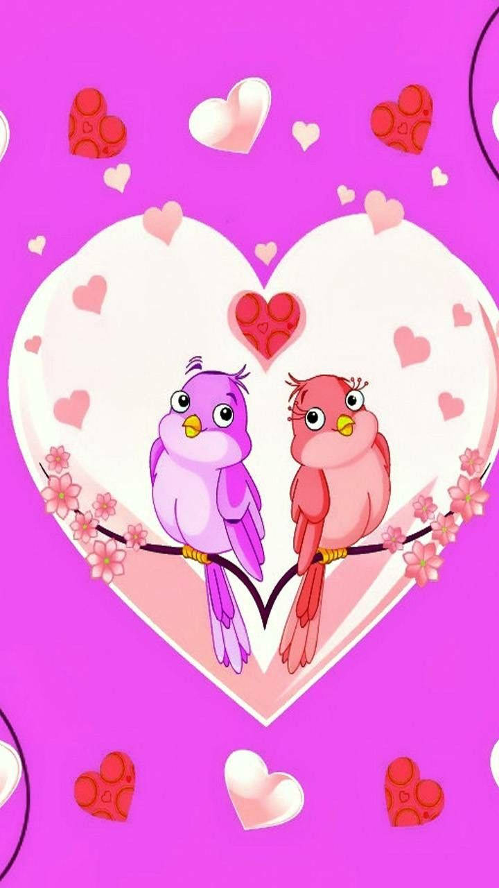 Pink And Purple Love BNirds, cartoon birds, branch, HD Phone Wallpaper
