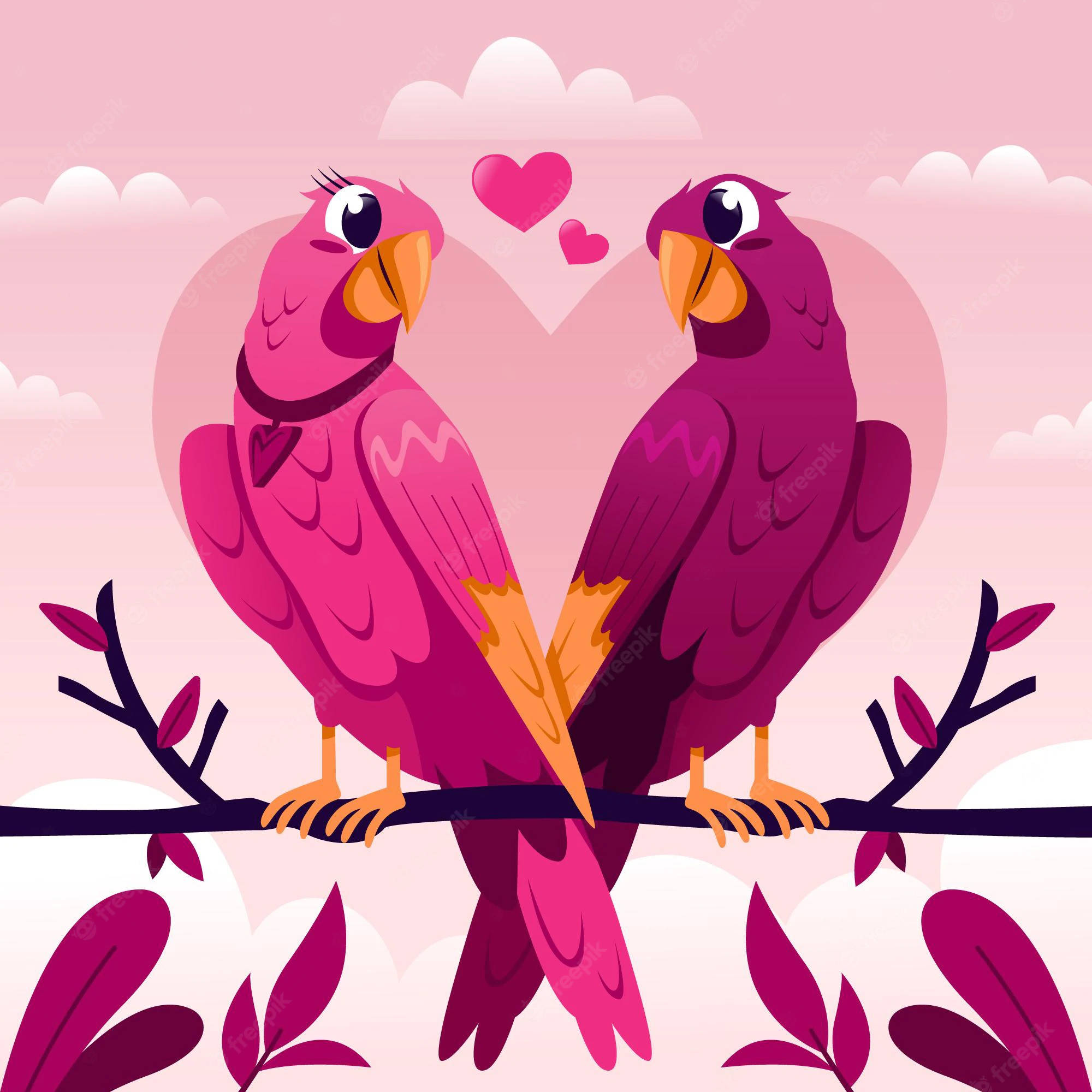 Romantic Lovely Pink Birds, vibrant pink parrots, branch, Full HD Desktop Wallpaper