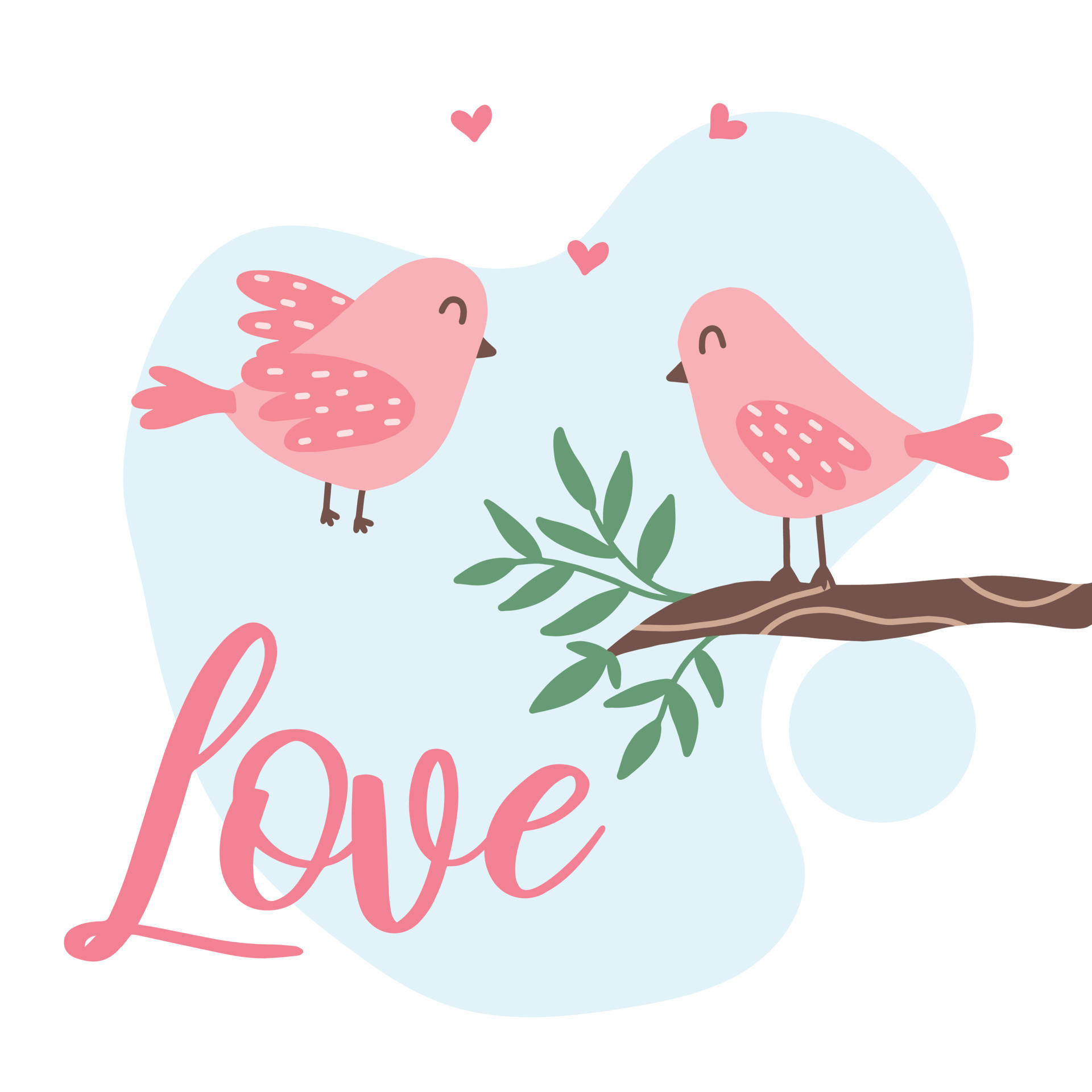 Pink Love Birds, hearts, soft blue background, Full HD Desktop Wallpaper