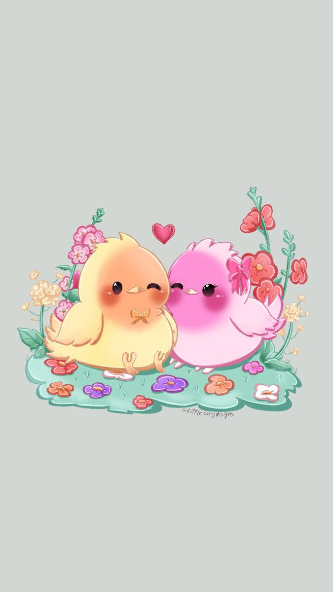 cute pink love birds, cartoon chicks, yellow, SD Phone Wallpaper
