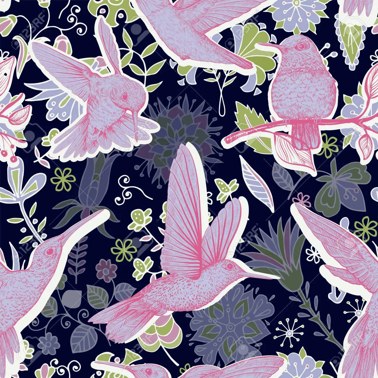 Pink Love Birds, floral background, dark navy background, HD Desktop Wallpaper