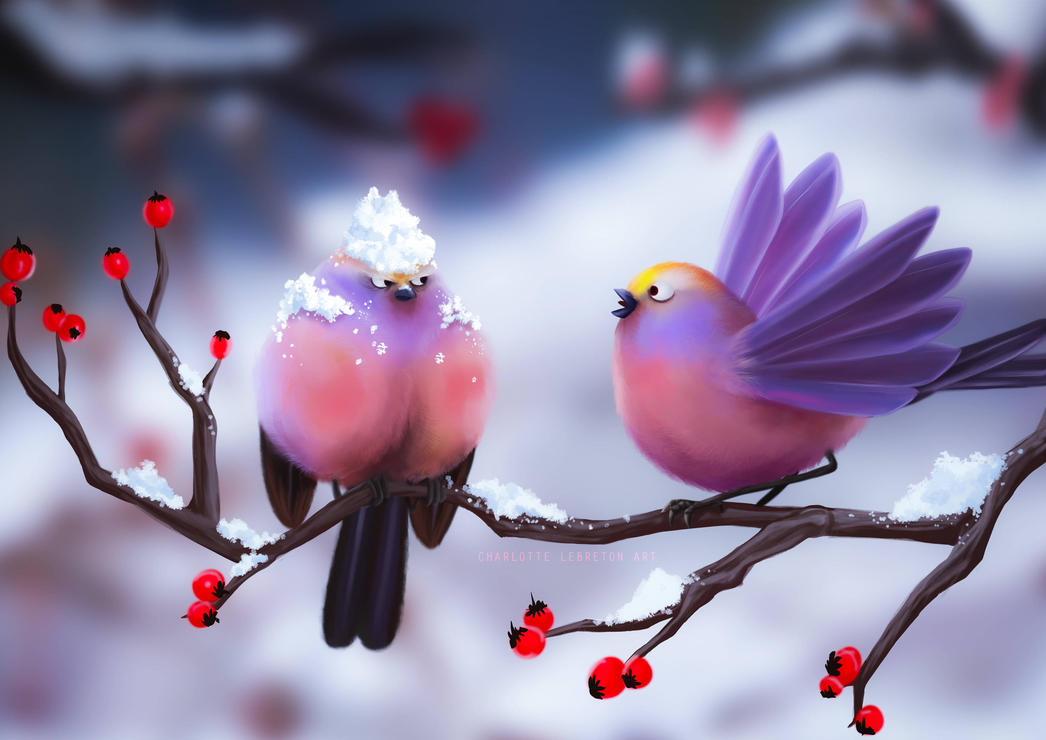 purple pink love birds, cherry branch, red berries, 2K Desktop Wallpaper