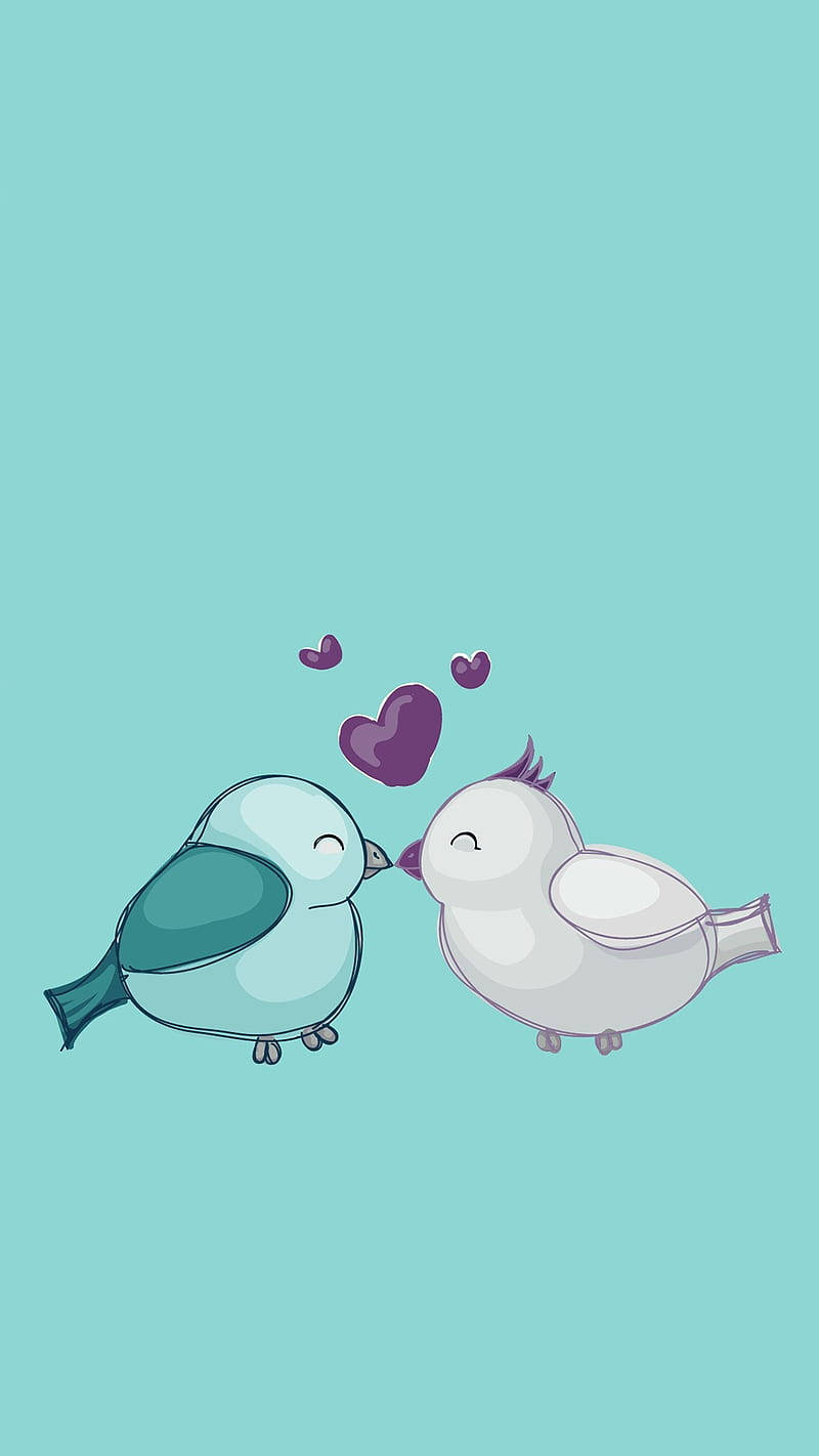 cartoon love birds kiss, teal background, floating purple hearts, HD Phone Wallpaper