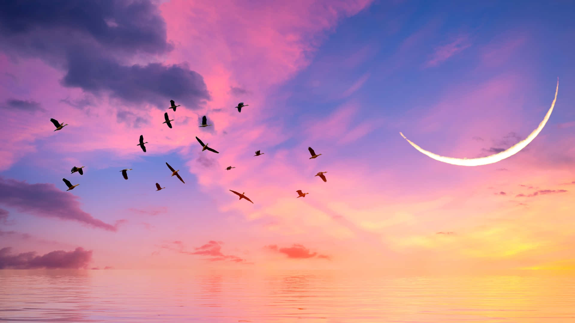 Pink Moon, crescent moon, twilight sky, Full HD Desktop Wallpaper