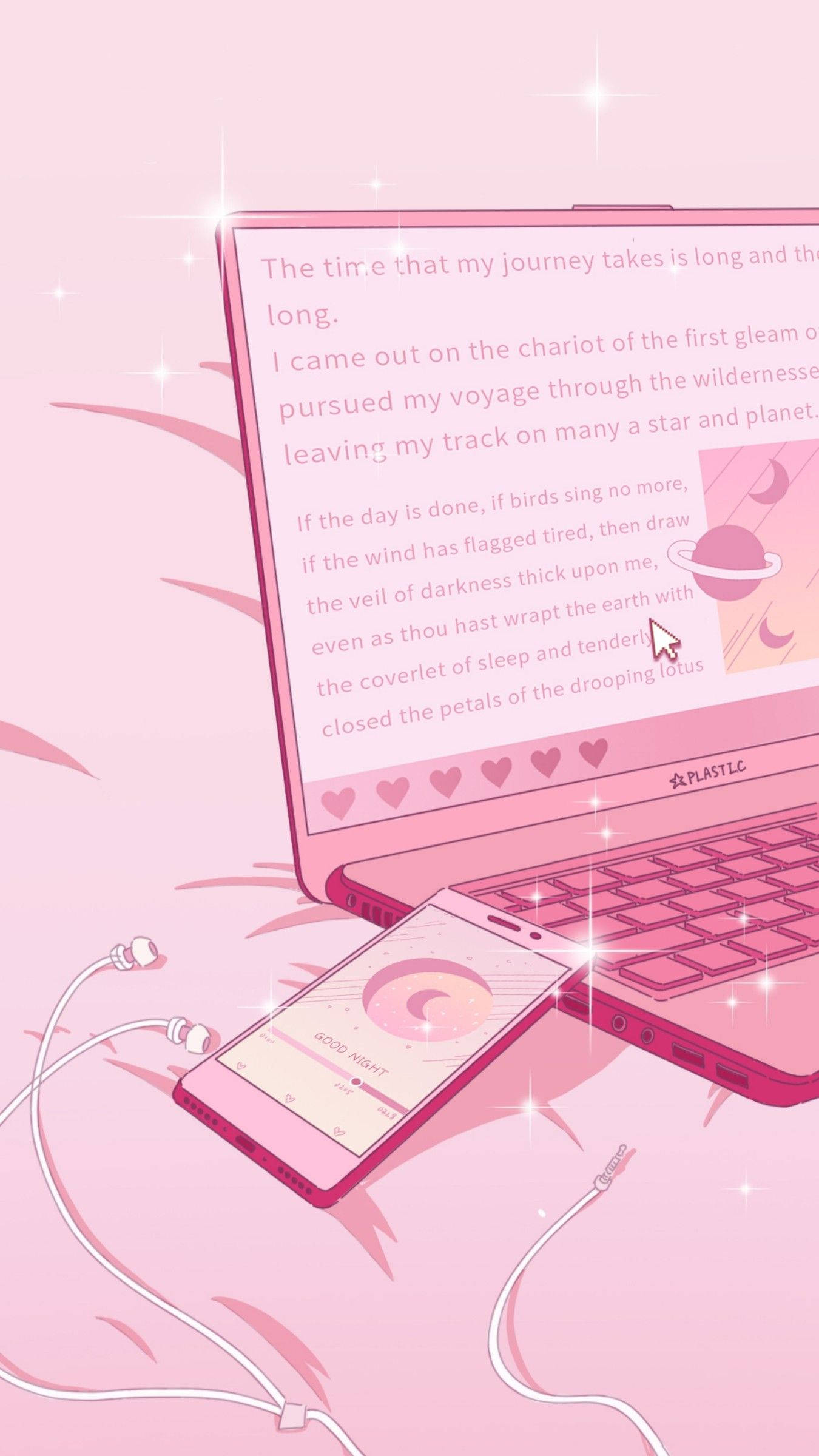 pink laptop, pink phone, headphones, Full HD Phone Wallpaper