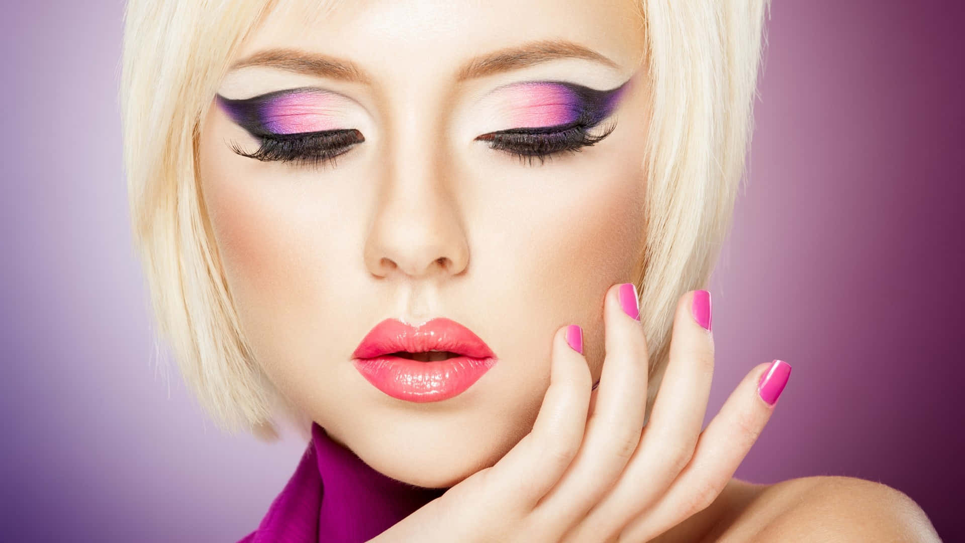 platinum blonde hair, bold pink purple eyeliner, soft purple background, Full HD Desktop Wallpaper